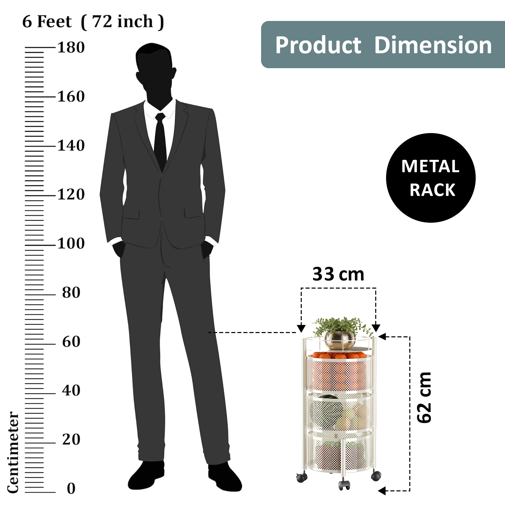 3 Tier Metal Kitchen Storage Rack with Wheels  Round Multipurpose Metallic Fruits Vegetable Organizer Trolly for Home  Ivory