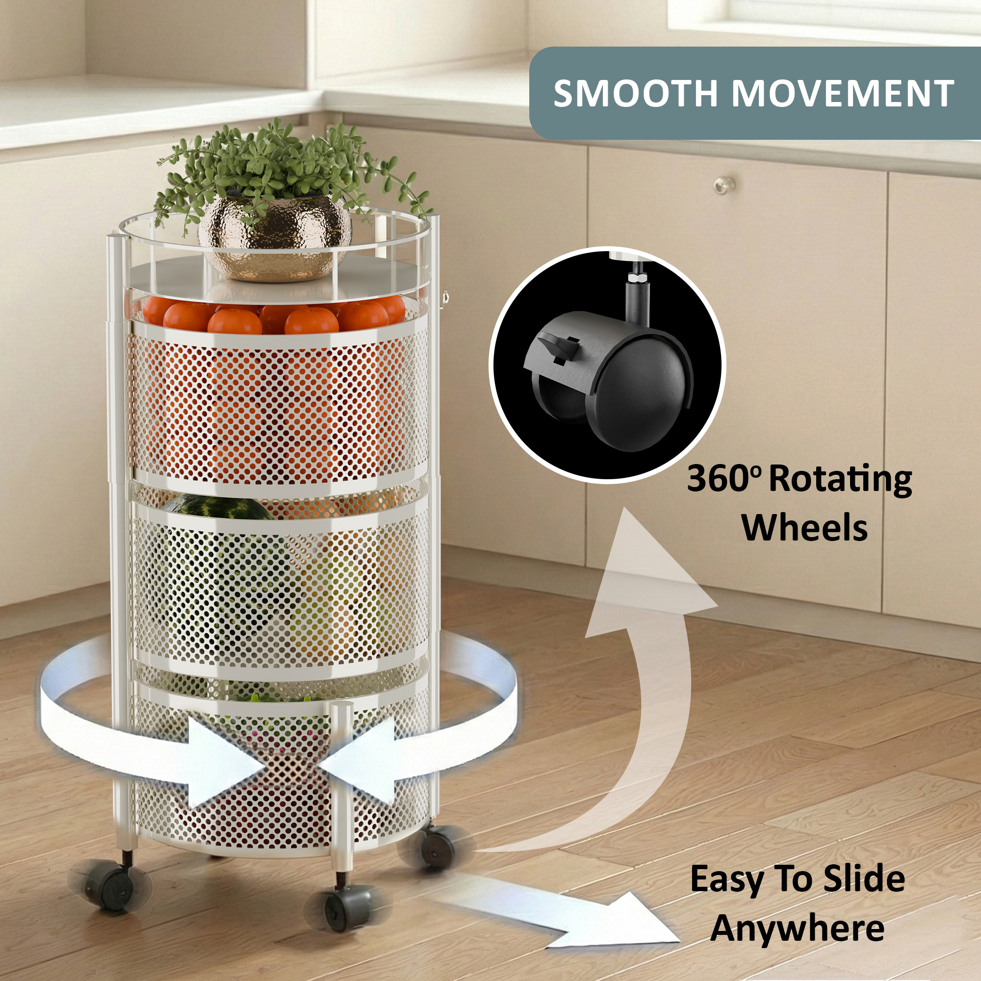 3 Tier Metal Kitchen Storage Rack with Wheels  Round Multipurpose Metallic Fruits Vegetable Organizer Trolly for Home  Ivory