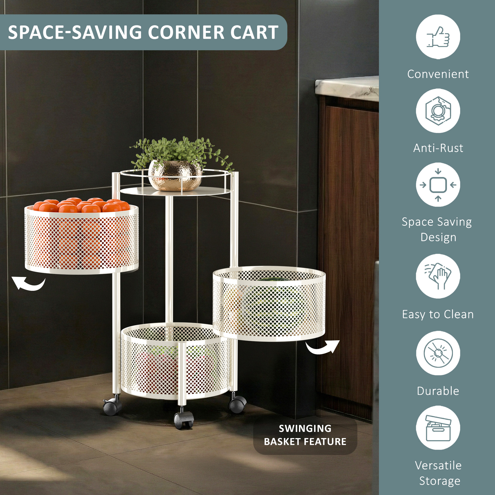 3 Tier Metal Kitchen Storage Rack with Wheels  Round Multipurpose Metallic Fruits Vegetable Organizer Trolly for Home  Ivory
