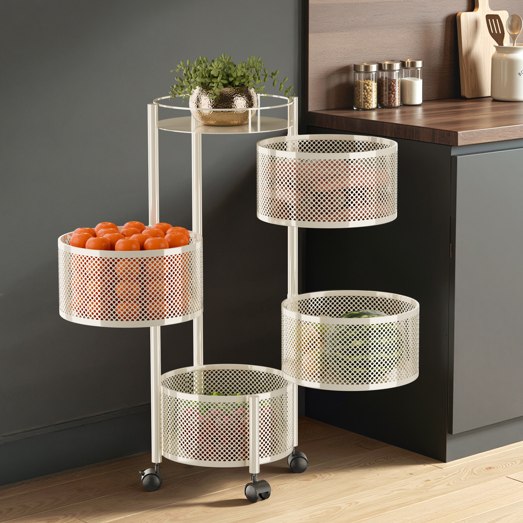 3 Tier Metal Kitchen Storage Rack with Wheels  Round Multipurpose Metallic Fruits Vegetable Organizer Trolly for Home  Ivory