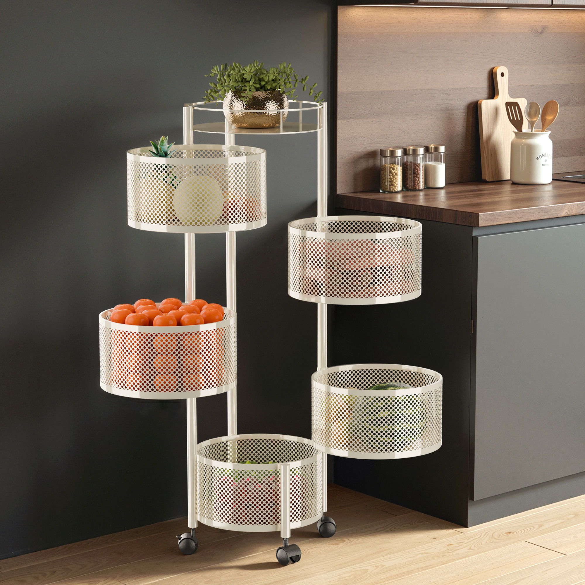 3 Tier Metal Kitchen Storage Rack with Wheels  Round Multipurpose Metallic Fruits Vegetable Organizer Trolly for Home  Ivory