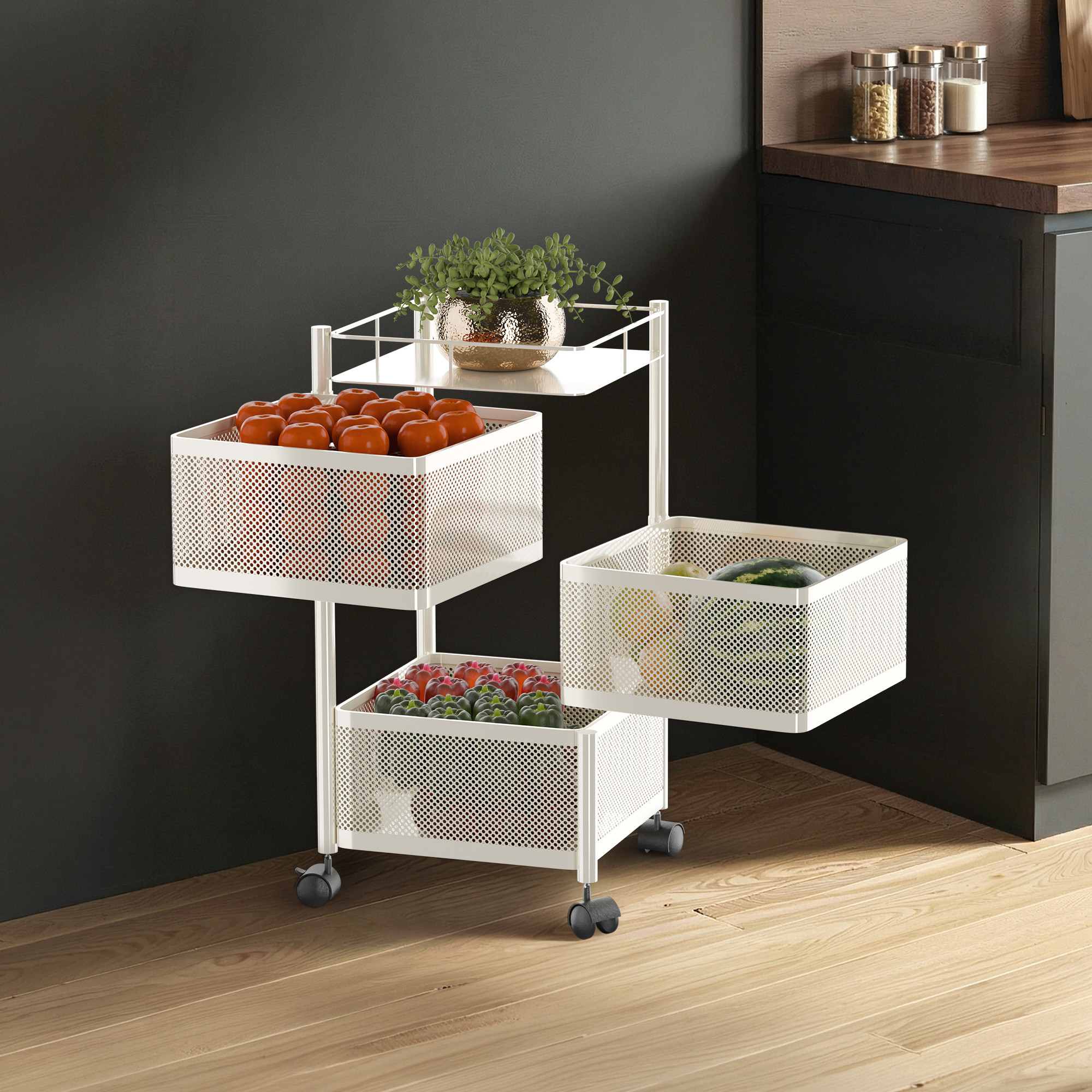 3 Tier Metal Kitchen Storage Rack with Wheels  Sqaure Multipurpose Metallic Fruits Vegetable Organizer Trolly for Home  Ivory