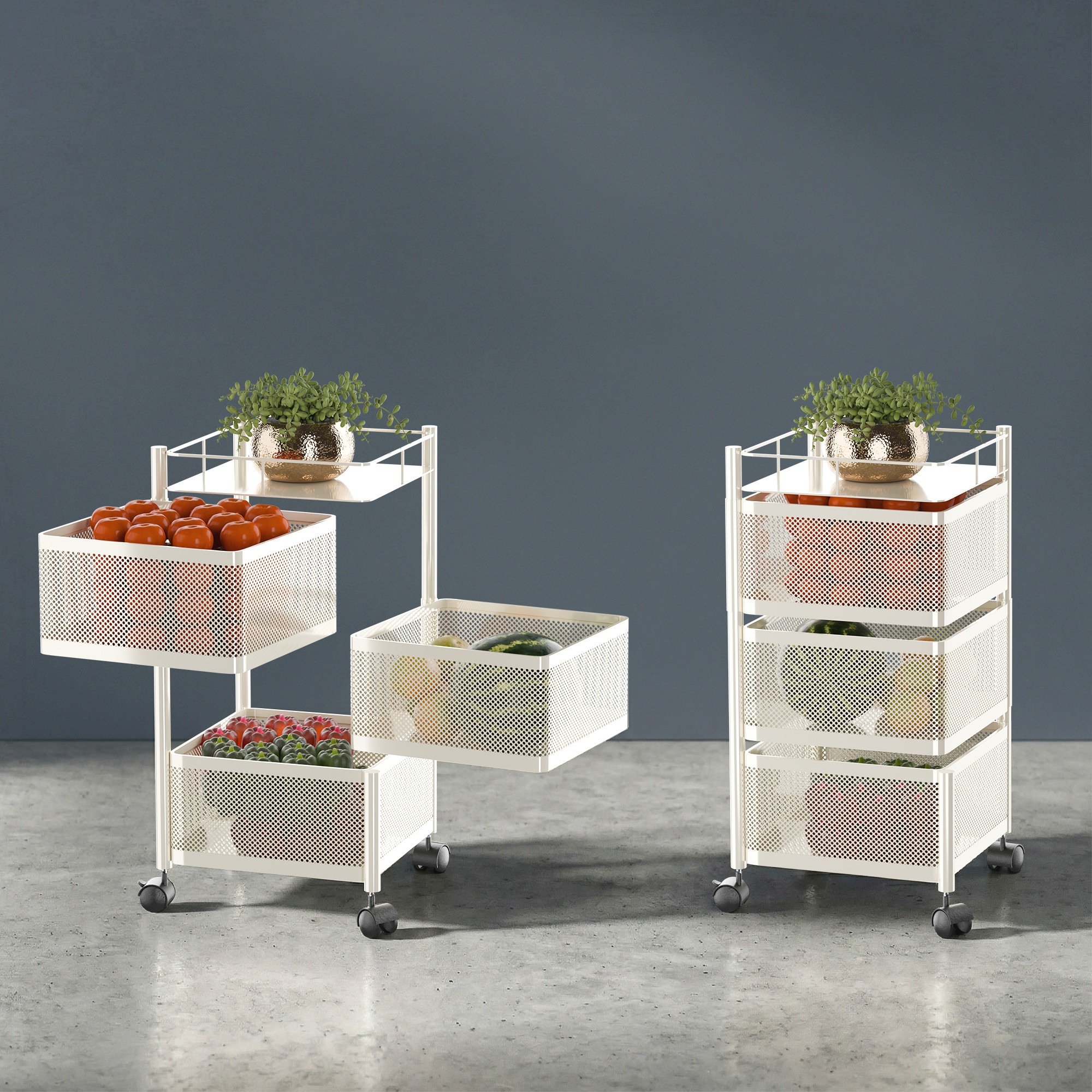 3 Tier Metal Kitchen Storage Rack with Wheels  Sqaure Multipurpose Metallic Fruits Vegetable Organizer Trolly for Home  Ivory
