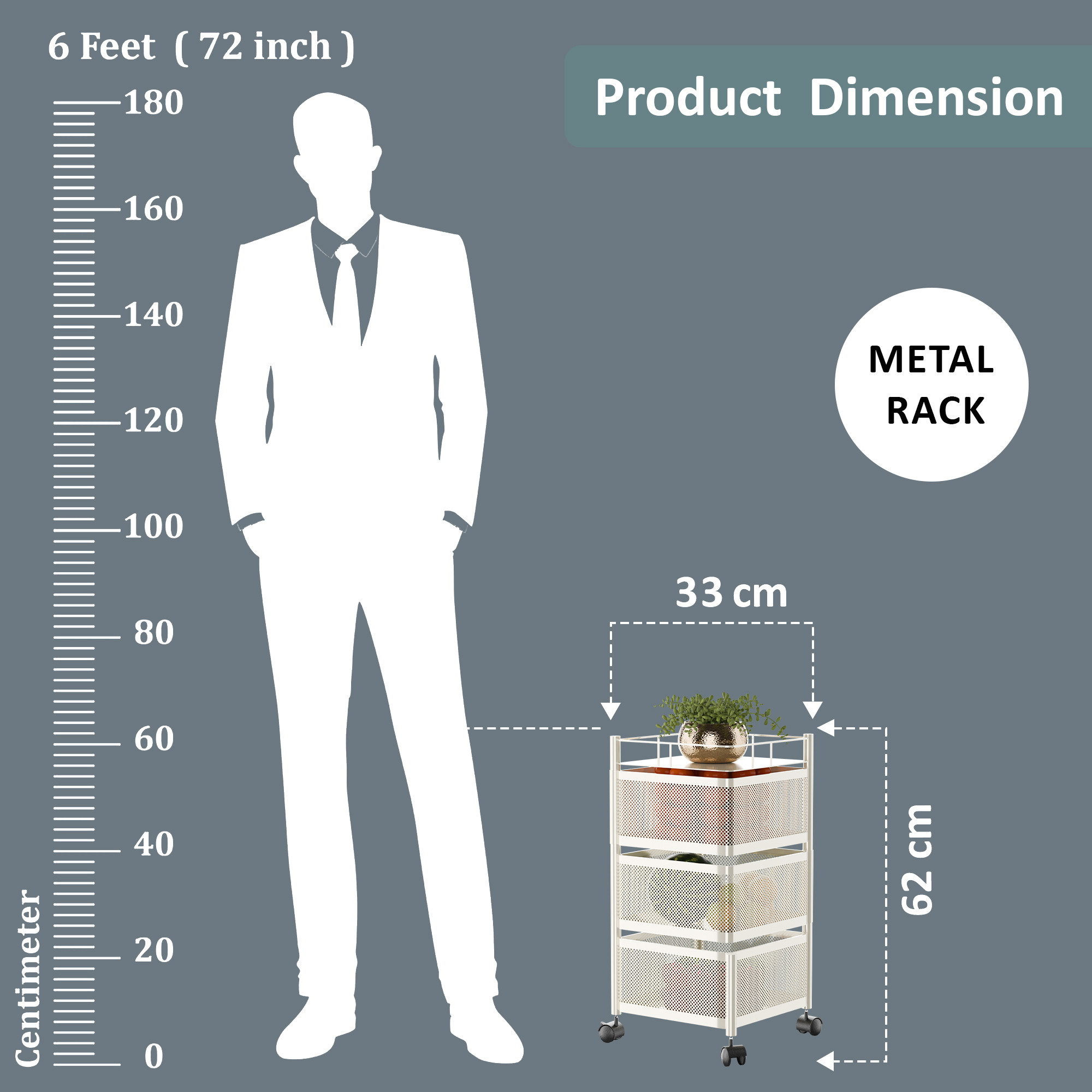3 Tier Metal Kitchen Storage Rack with Wheels  Sqaure Multipurpose Metallic Fruits Vegetable Organizer Trolly for Home  Ivory