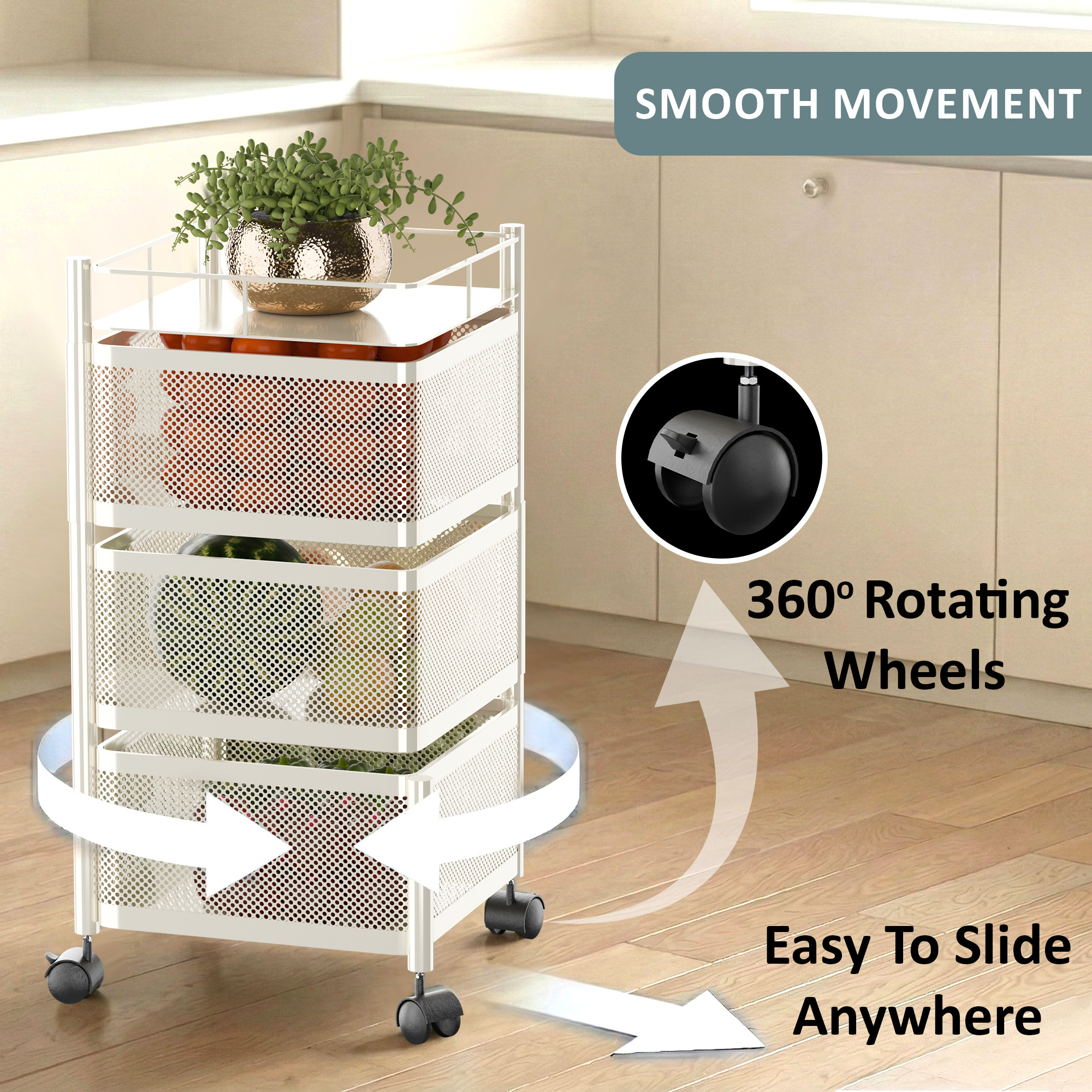 3 Tier Metal Kitchen Storage Rack with Wheels  Sqaure Multipurpose Metallic Fruits Vegetable Organizer Trolly for Home  Ivory