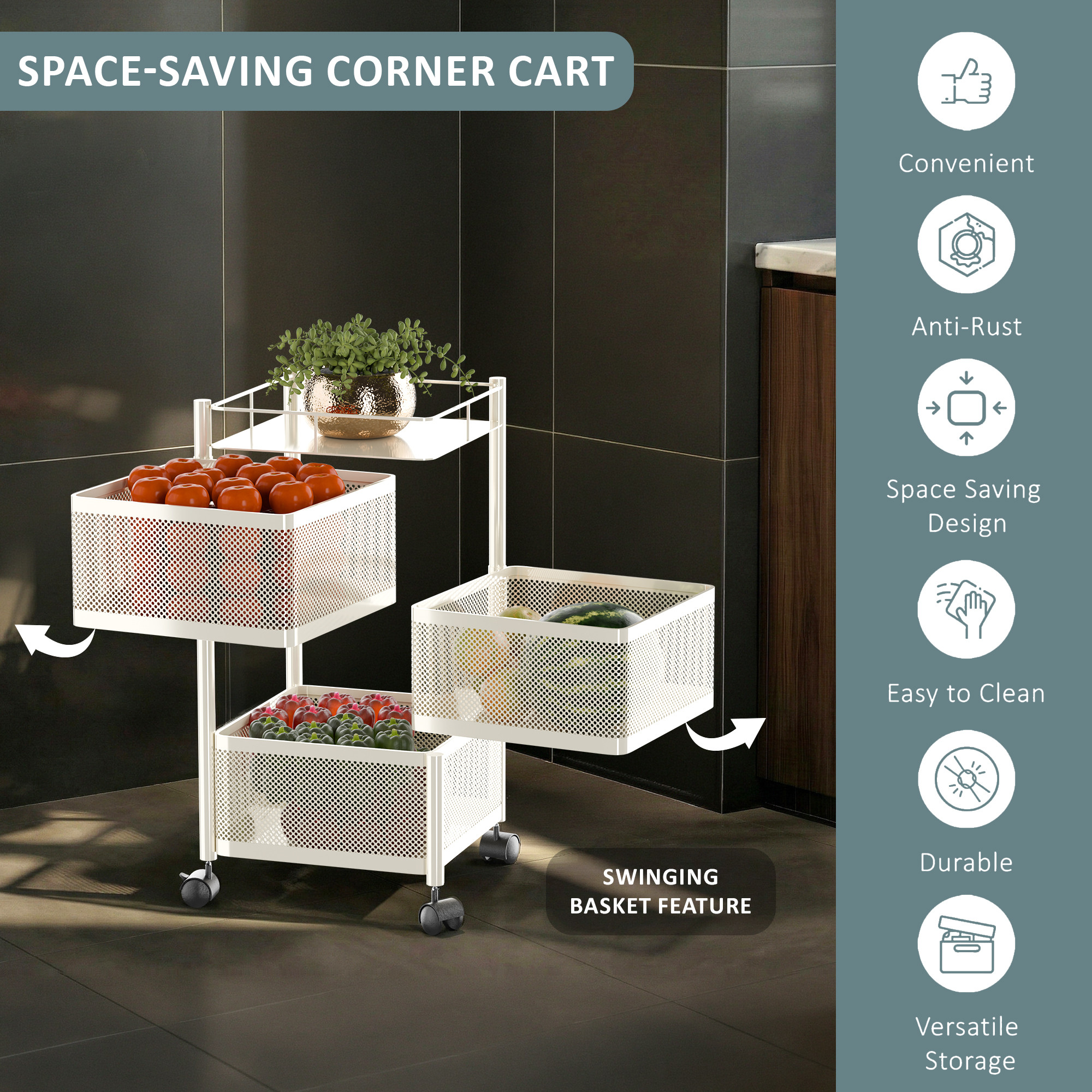 3 Tier Metal Kitchen Storage Rack with Wheels  Sqaure Multipurpose Metallic Fruits Vegetable Organizer Trolly for Home  Ivory