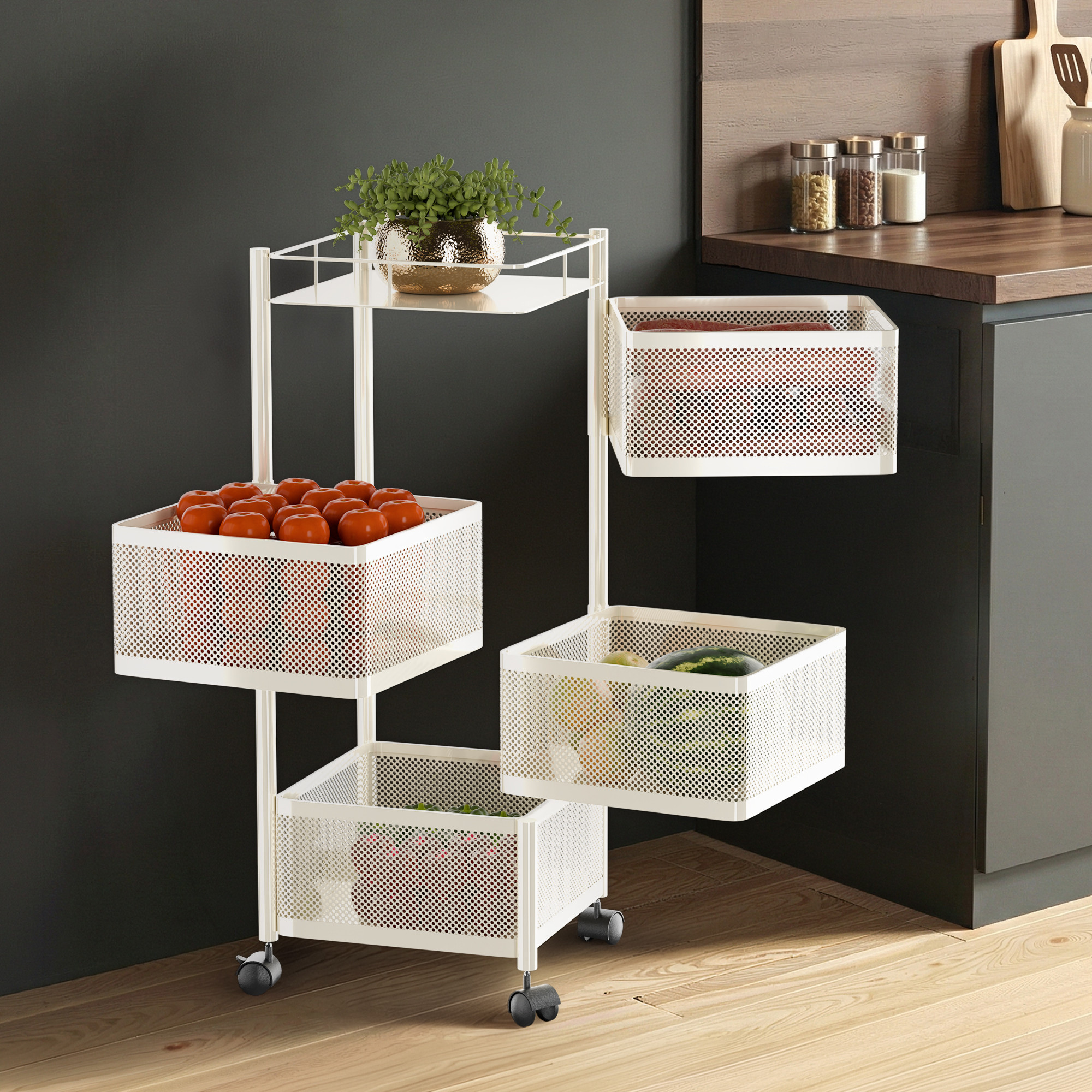 3 Tier Metal Kitchen Storage Rack with Wheels  Sqaure Multipurpose Metallic Fruits Vegetable Organizer Trolly for Home  Ivory