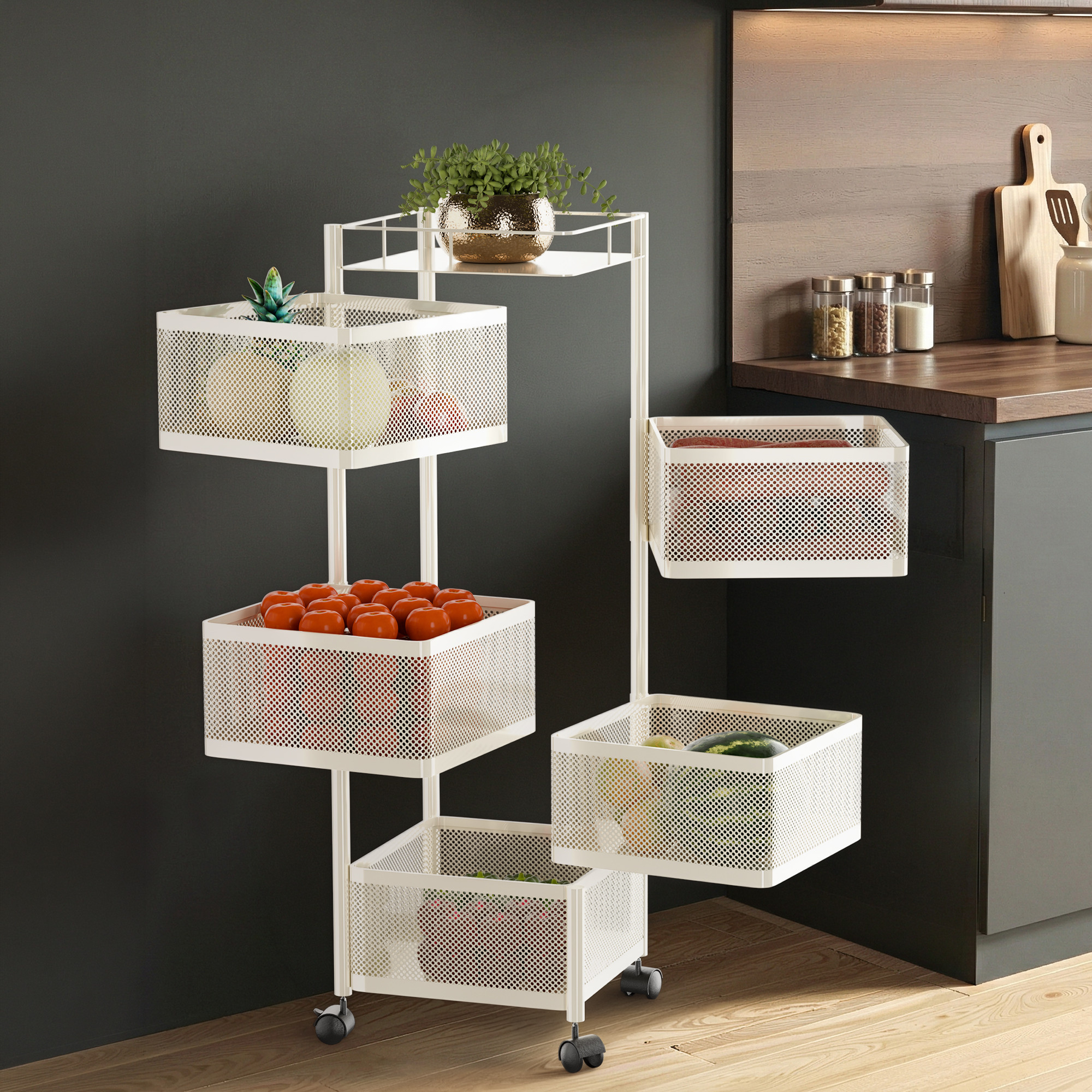 3 Tier Metal Kitchen Storage Rack with Wheels  Sqaure Multipurpose Metallic Fruits Vegetable Organizer Trolly for Home  Ivory