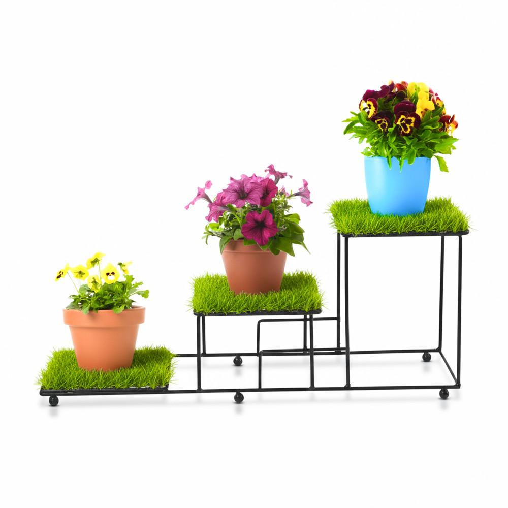 Image of 3 Tier Metal Planter Stand with Green Grass Truf (Included) for Home &amp; Garden | Three Layer Seperated Shelf Plants Holder for Indoor &amp; Outdoor | Black