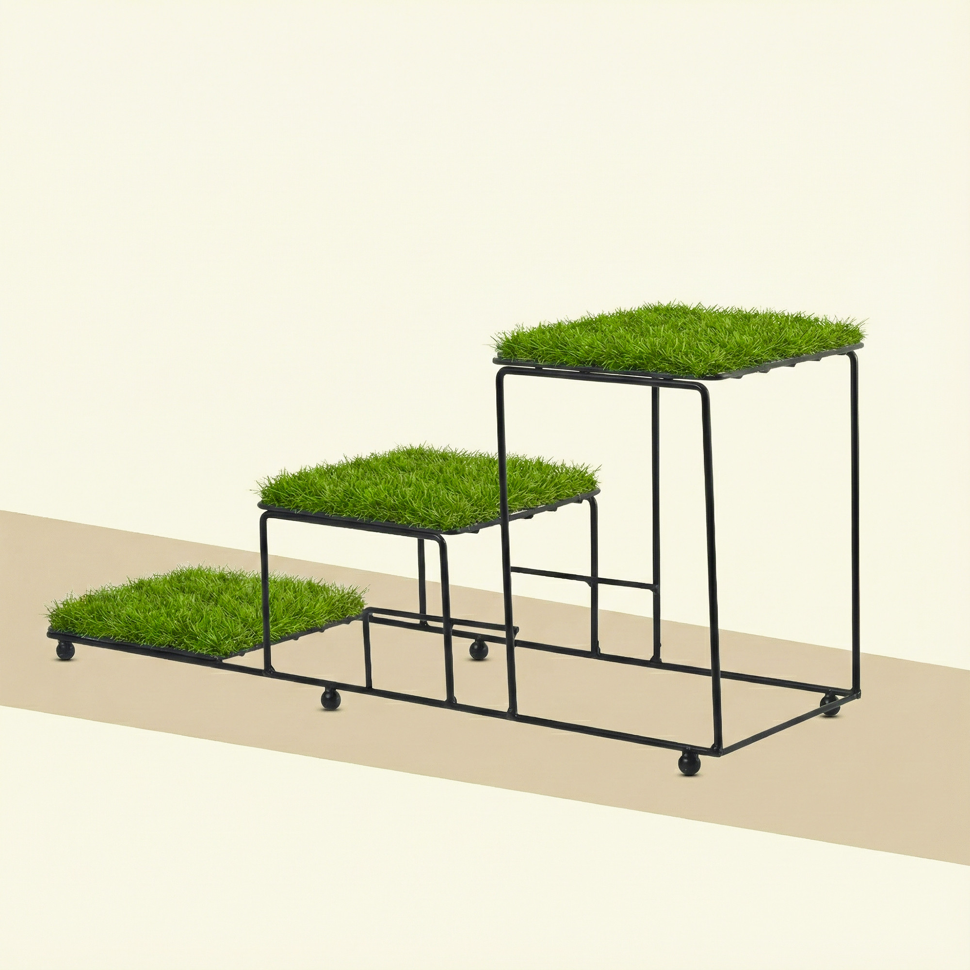 3 Tier Metal Planter Stand with Green Grass Truf Included for Home  Garden  Three Layer Seperated Shelf Plants Holder for Indoor  Outdoor  Black