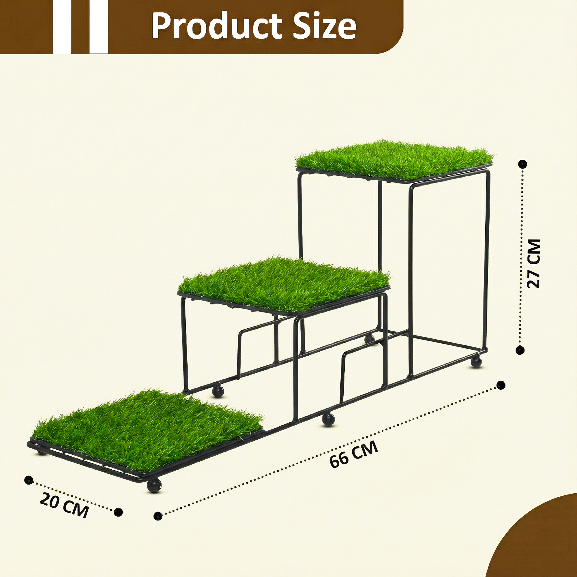 3 Tier Metal Planter Stand with Green Grass Truf Included for Home  Garden  Three Layer Seperated Shelf Plants Holder for Indoor  Outdoor  Black