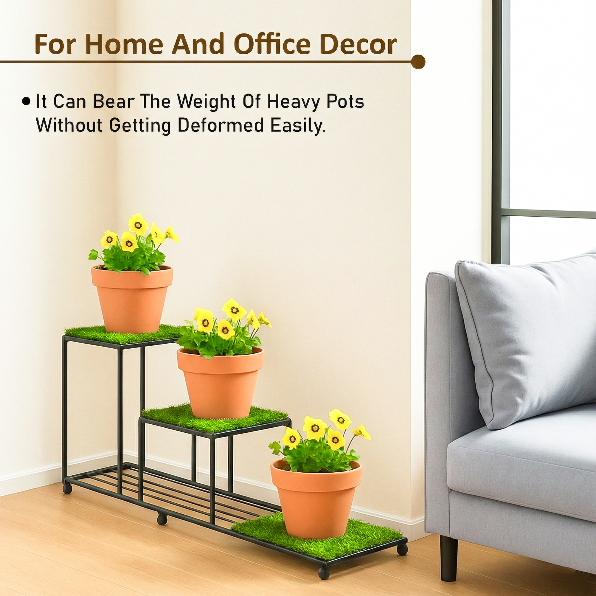 3 Tier Metal Planter Stand with Green Grass Truf Included for Home  Garden  Three Layer Seperated Shelf Plants Holder for Indoor  Outdoor  Black