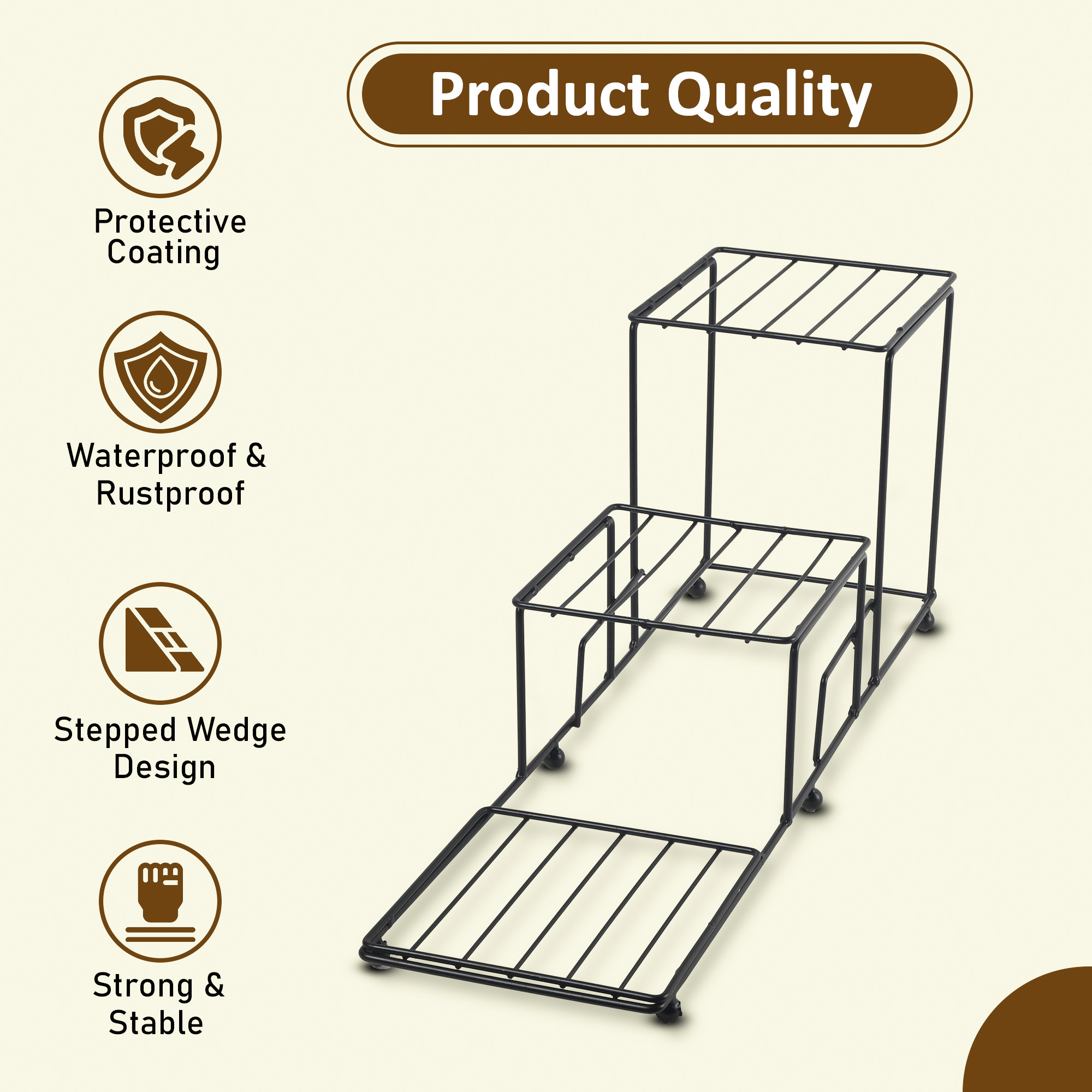 3 Tier Metal Planter Stand with Green Grass Truf Included for Home  Garden  Three Layer Seperated Shelf Plants Holder for Indoor  Outdoor  Black