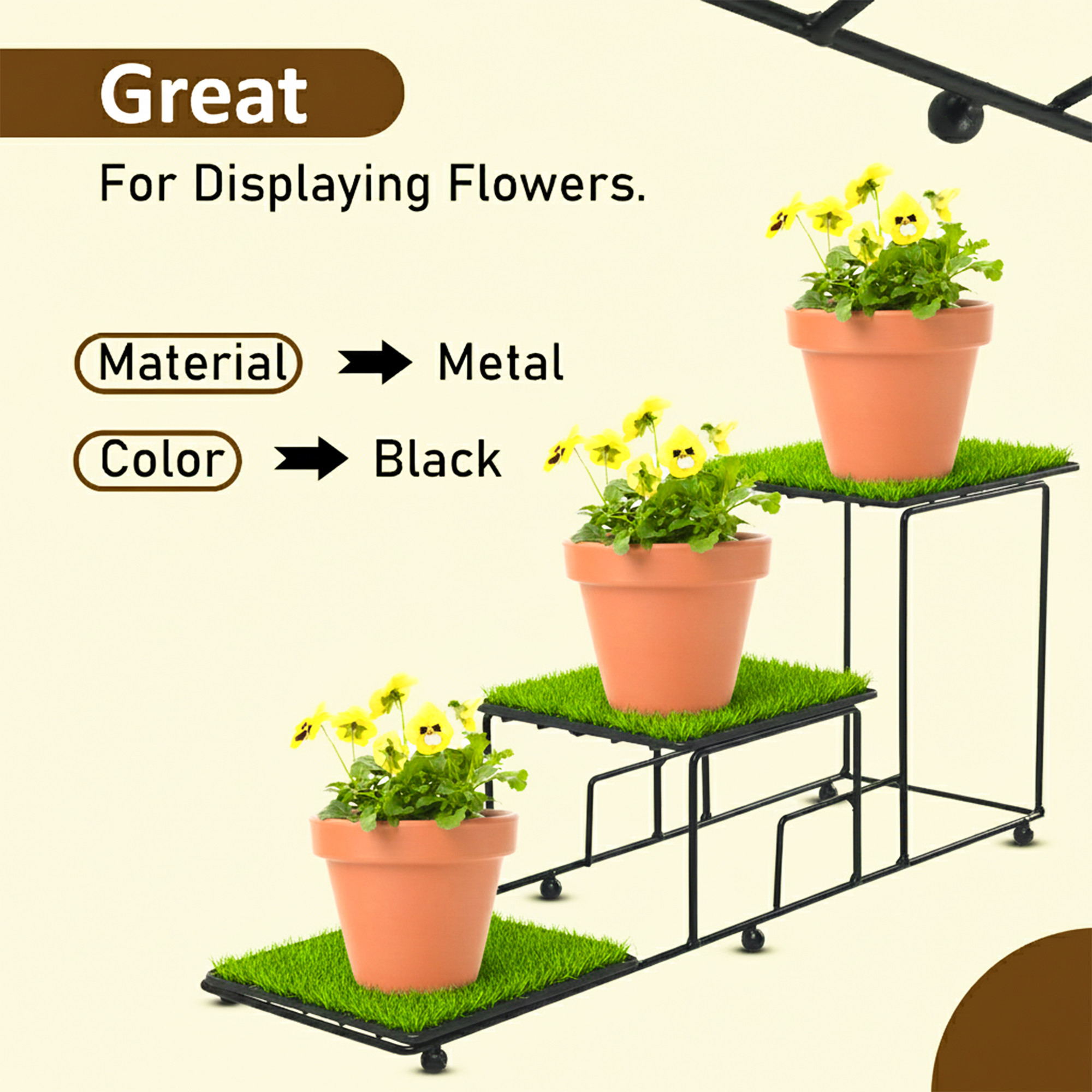 3 Tier Metal Planter Stand with Green Grass Truf Included for Home  Garden  Three Layer Seperated Shelf Plants Holder for Indoor  Outdoor  Black