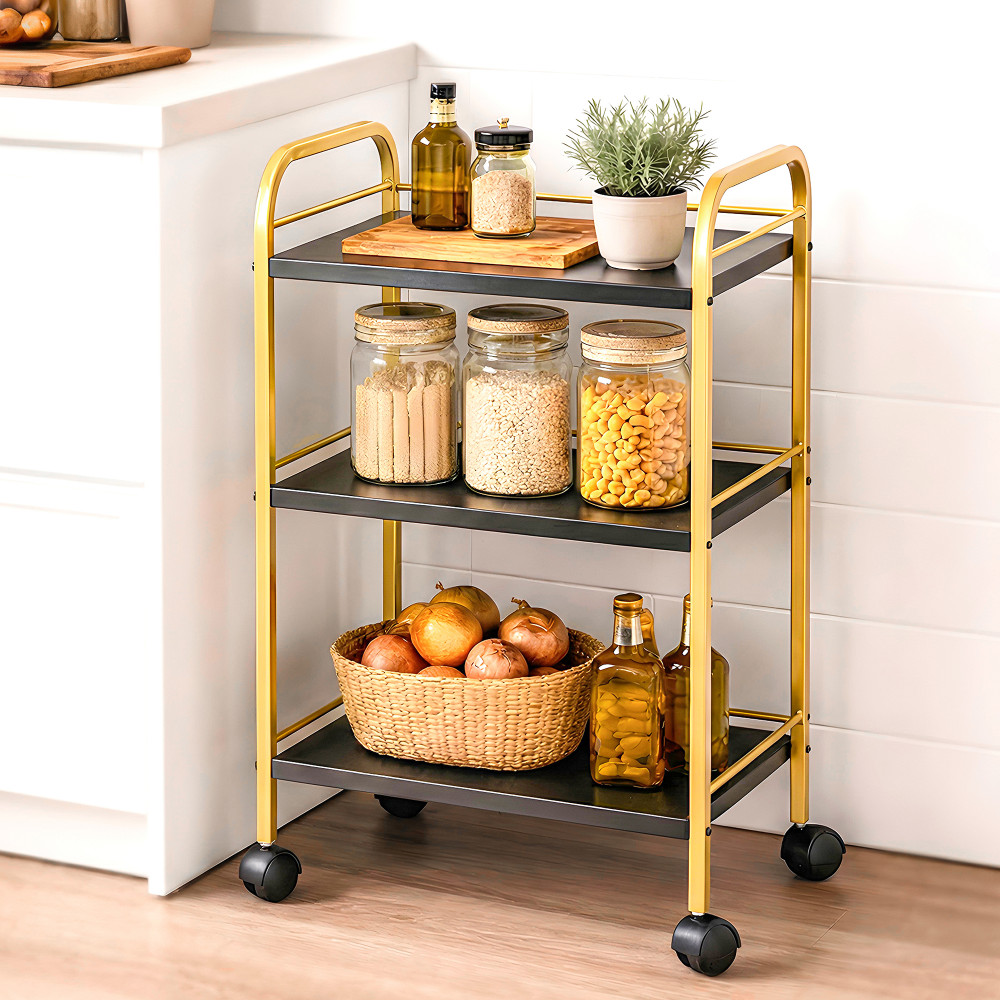 Image of 3 Tiered Metal Kitchen Serving Trolley with Wheels | Rolling Barcart Utility Cart for Kitchen, Dining Room &amp; Bar | Black &amp; Golden