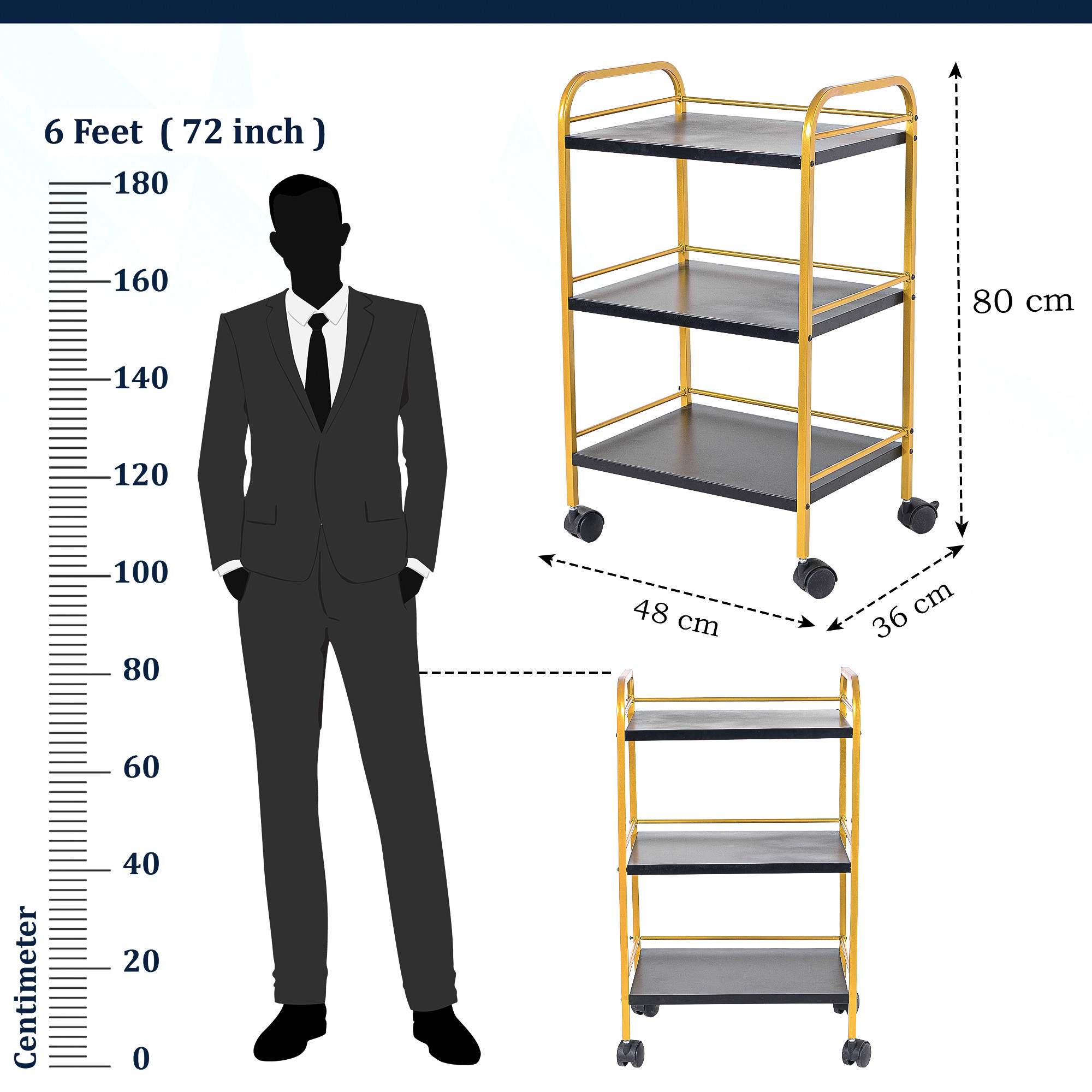 3 Tiered Metal Kitchen Serving Trolley with Wheels  Rolling Barcart Utility Cart for Kitchen Dining Room  Bar  Black  Golden