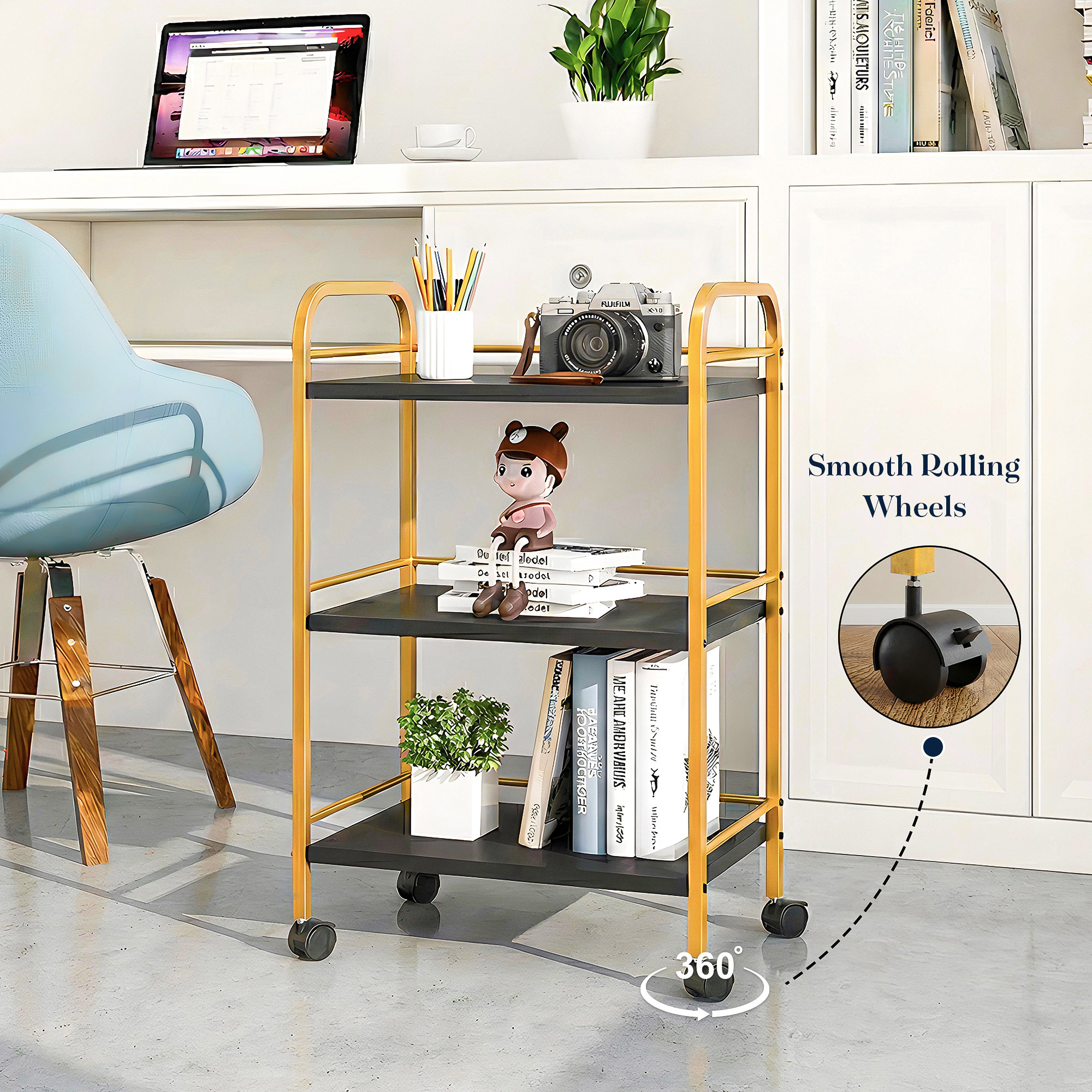 3 Tiered Metal Kitchen Serving Trolley with Wheels  Rolling Barcart Utility Cart for Kitchen Dining Room  Bar  Black  Golden