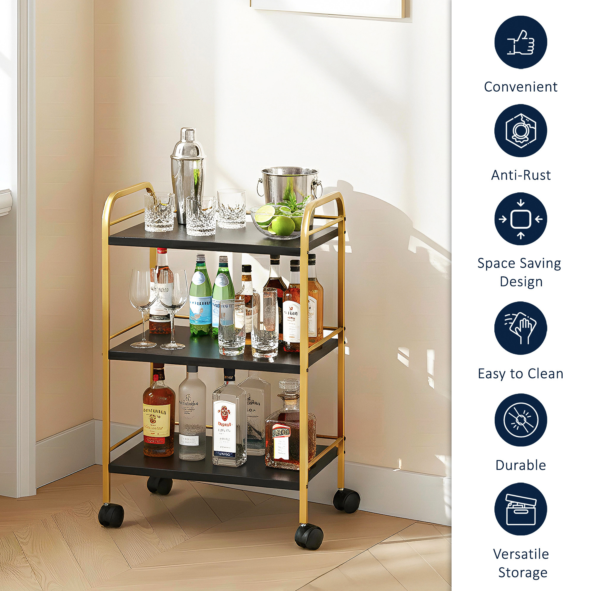 3 Tiered Metal Kitchen Serving Trolley with Wheels  Rolling Barcart Utility Cart for Kitchen Dining Room  Bar  Black  Golden