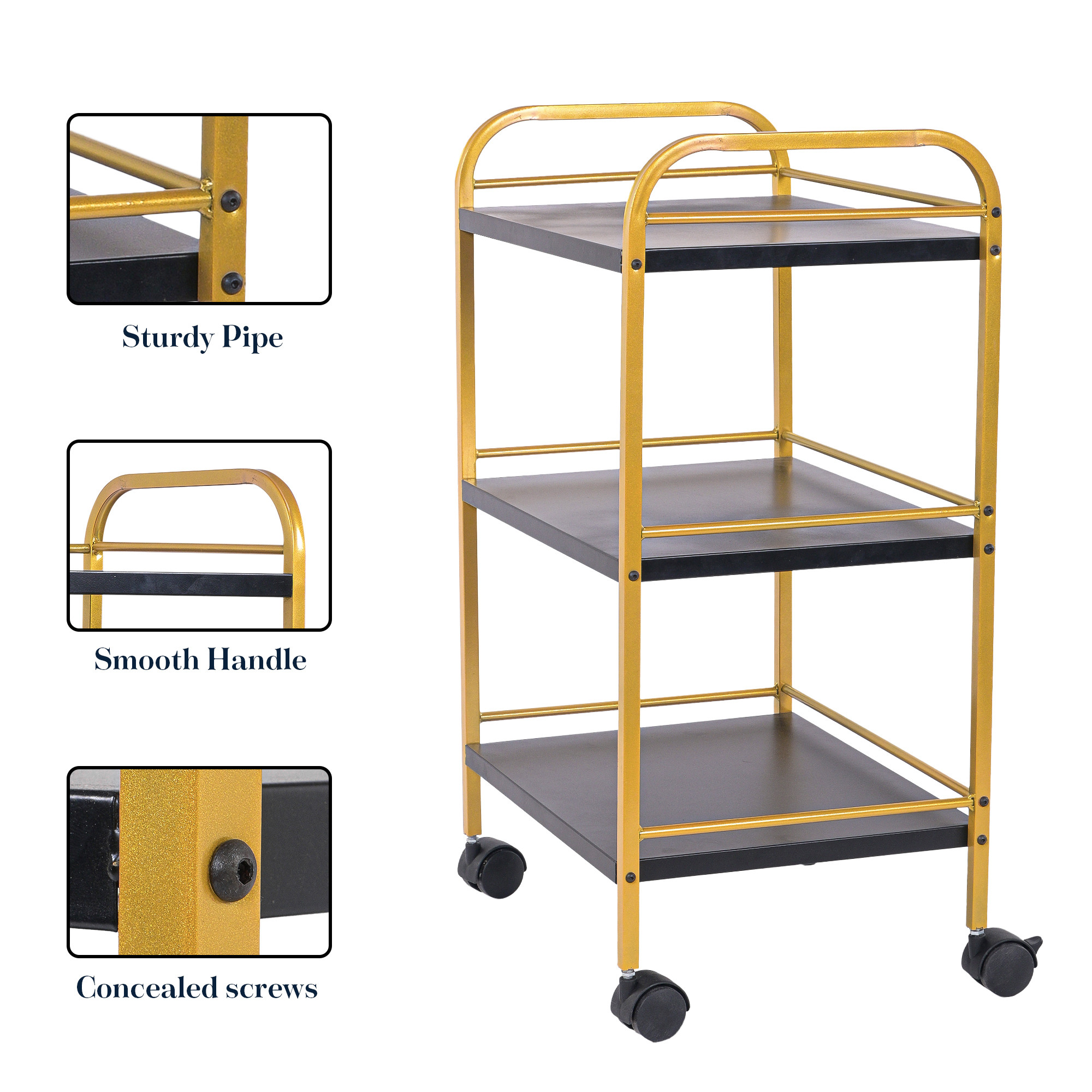 3 Tiered Metal Kitchen Serving Trolley with Wheels  Rolling Barcart Utility Cart for Kitchen Dining Room  Bar  Black  Golden