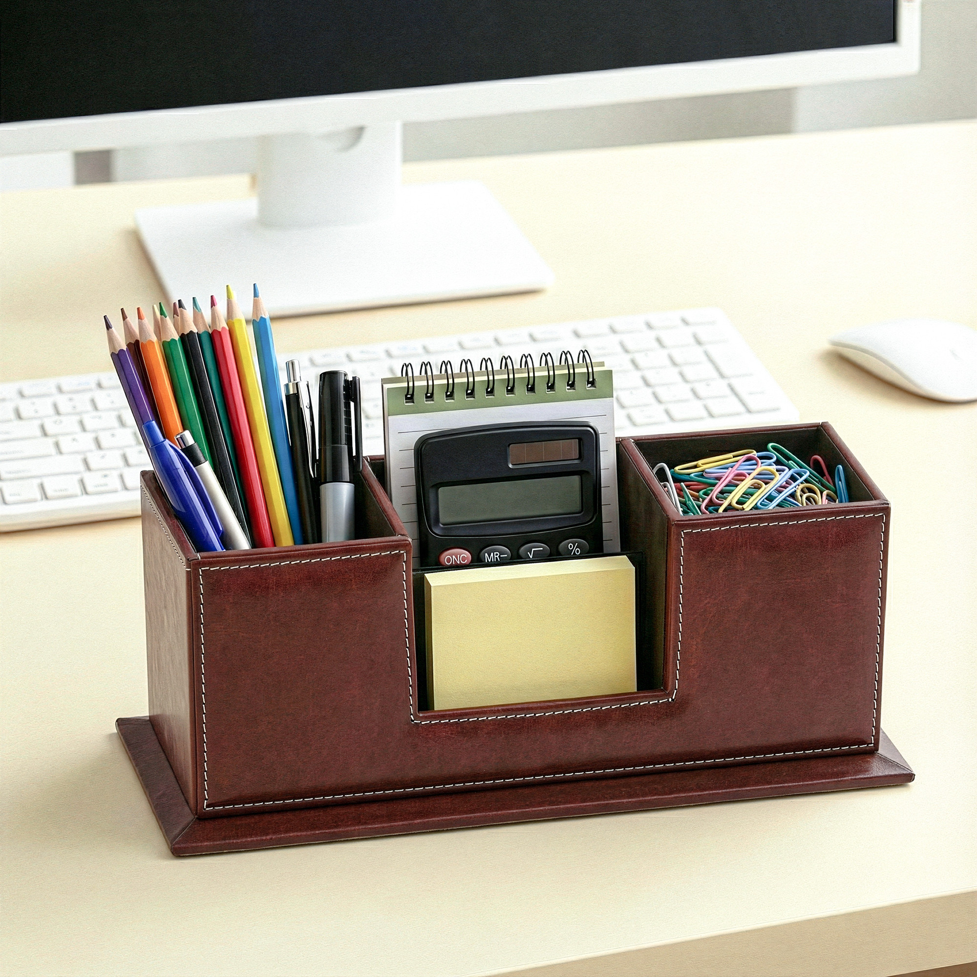 4 Compartment Leather Desk OrganizerPen Stand with Card Holder  Multi Utility Stationery Holder Office TableRemoteMobile Stand  Brown