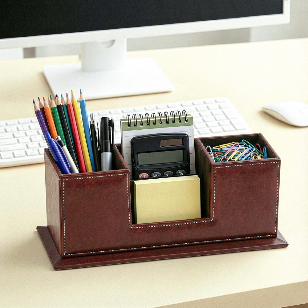Image of 4 Compartment Leather Desk Organizer/Pen Stand with Card Holder | Multi Utility Stationery Holder Office Table/Remote/Mobile Stand | Brown
