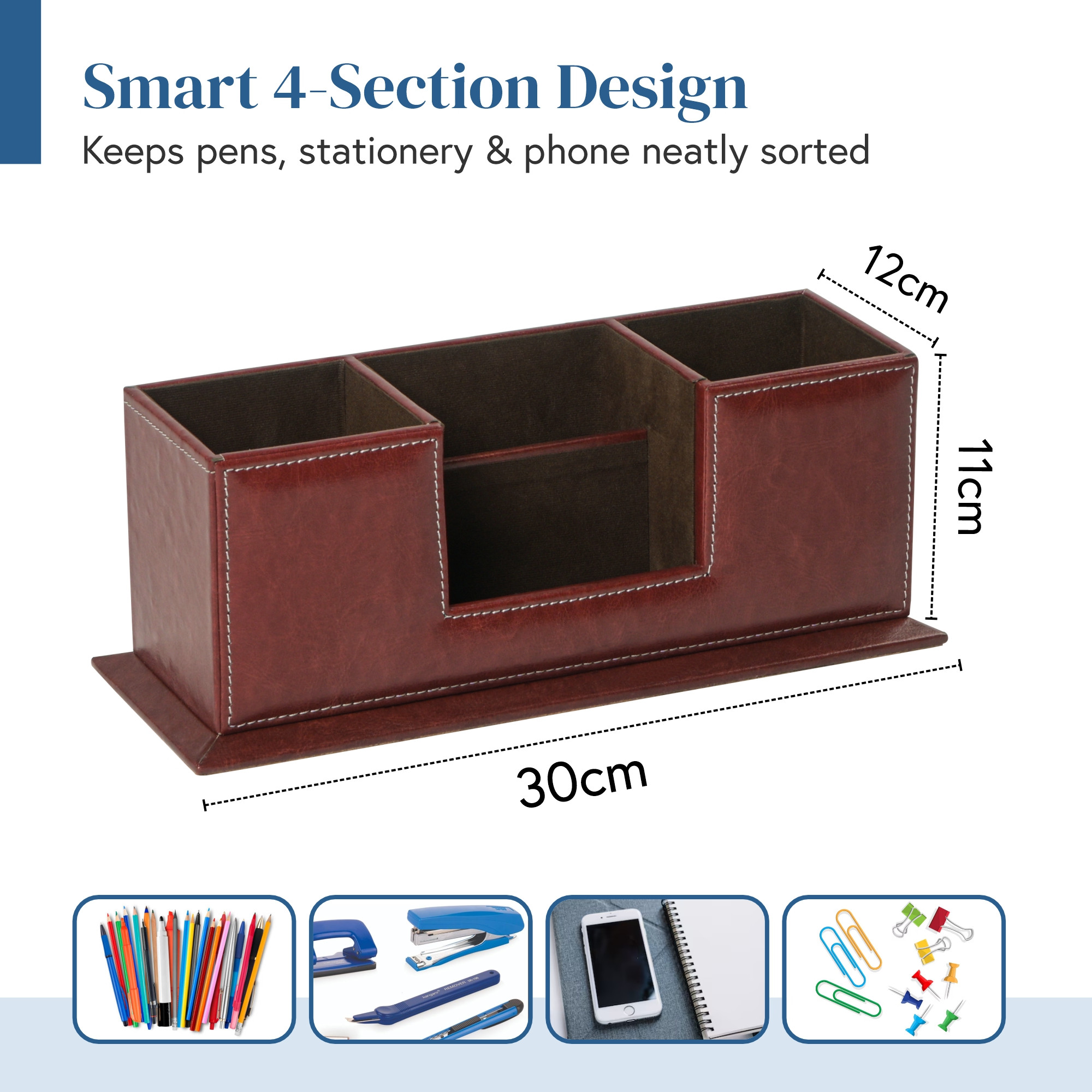 4 Compartment Leather Desk OrganizerPen Stand with Card Holder  Multi Utility Stationery Holder Office TableRemoteMobile Stand  Brown
