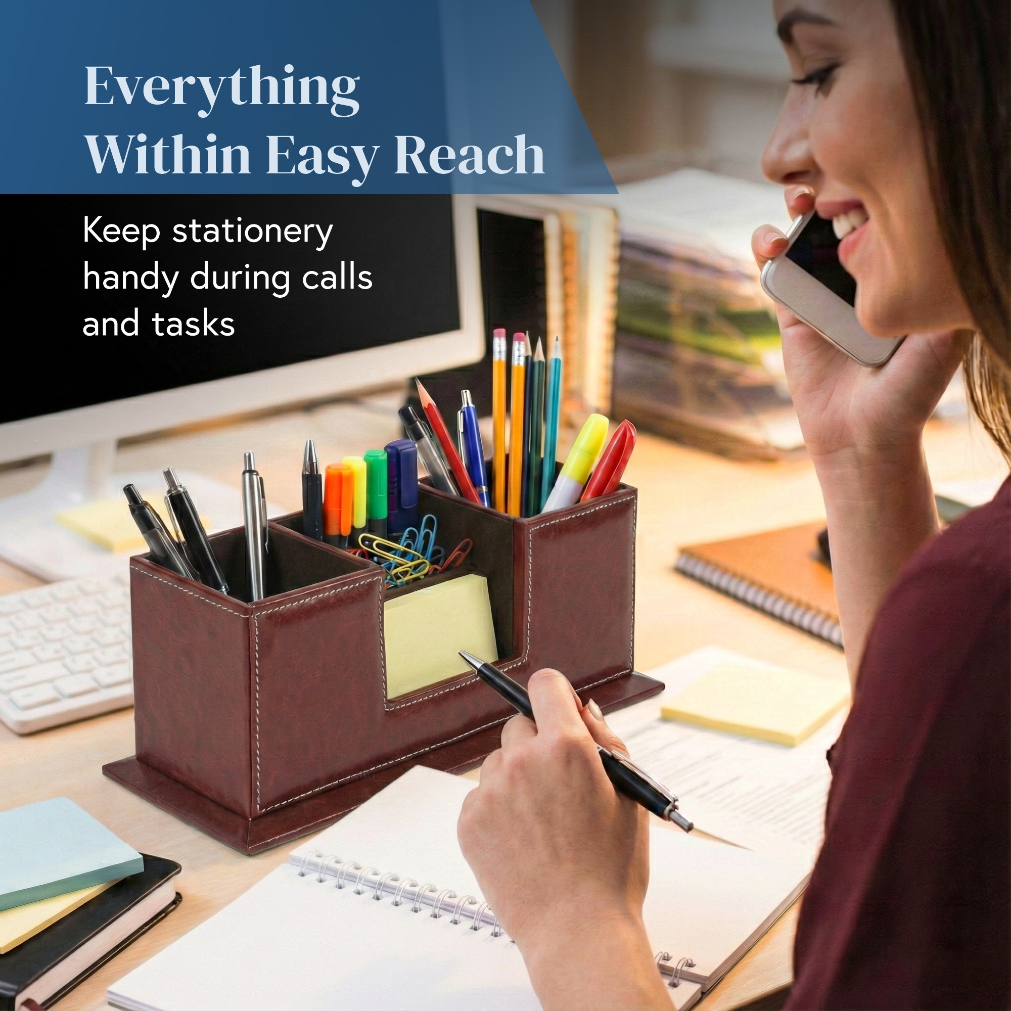 4 Compartment Leather Desk OrganizerPen Stand with Card Holder  Multi Utility Stationery Holder Office TableRemoteMobile Stand  Brown