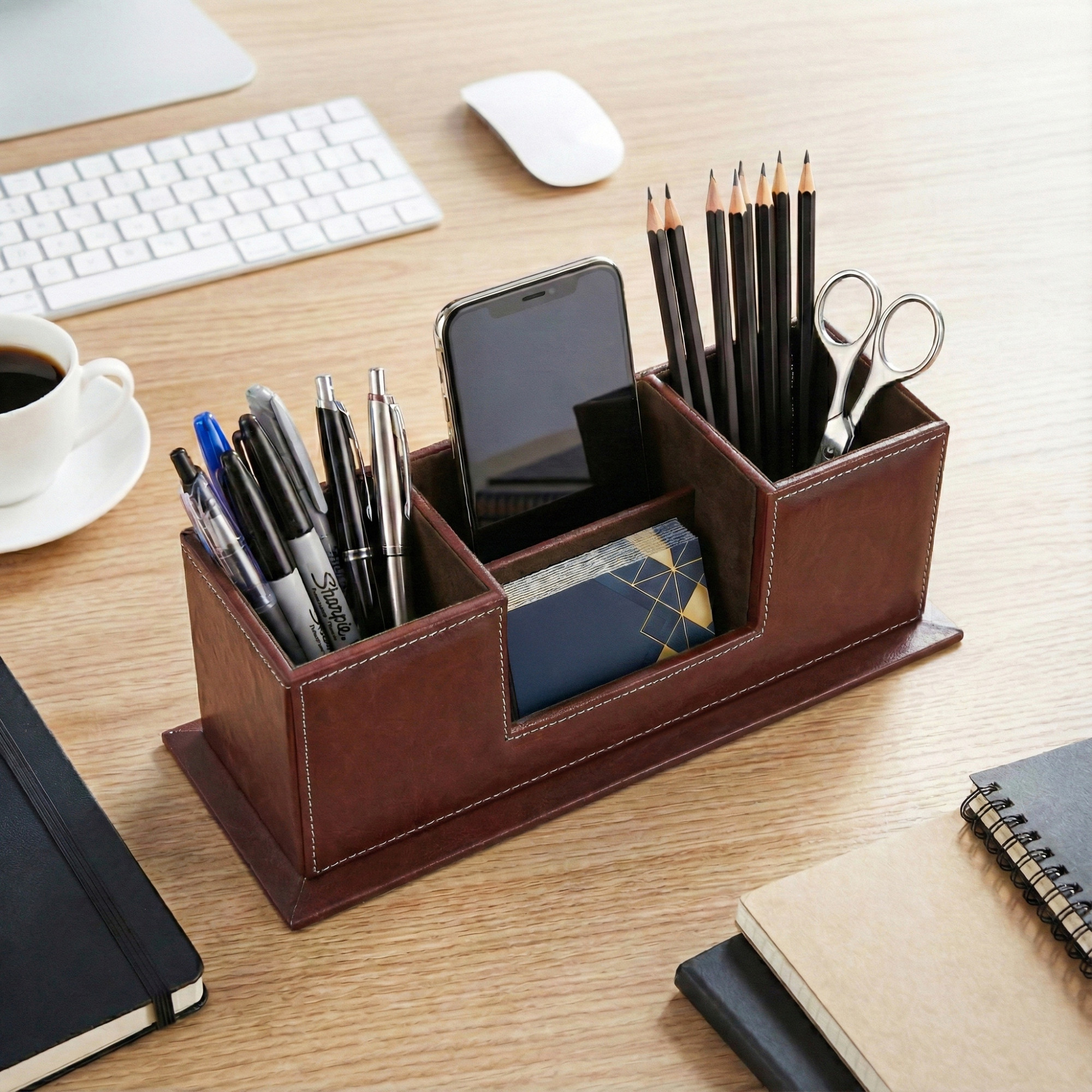 4 Compartment Leather Desk OrganizerPen Stand with Card Holder  Multi Utility Stationery Holder Office TableRemoteMobile Stand  Brown