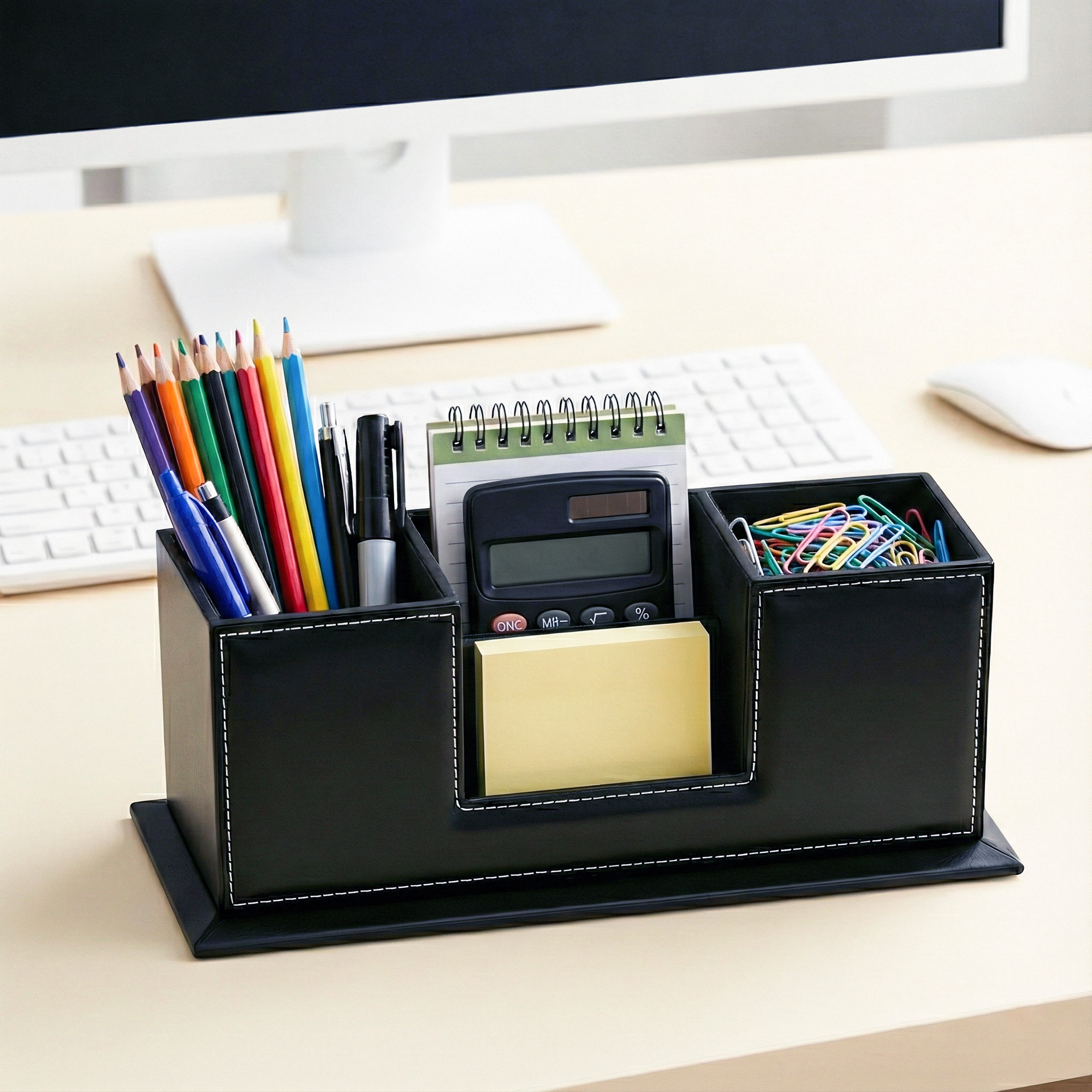 4 Compartment Leather Desk OrganizerPen Stand with Card Holder  Multi Utility Stationery Holder Office TableRemoteMobile Stand  Black
