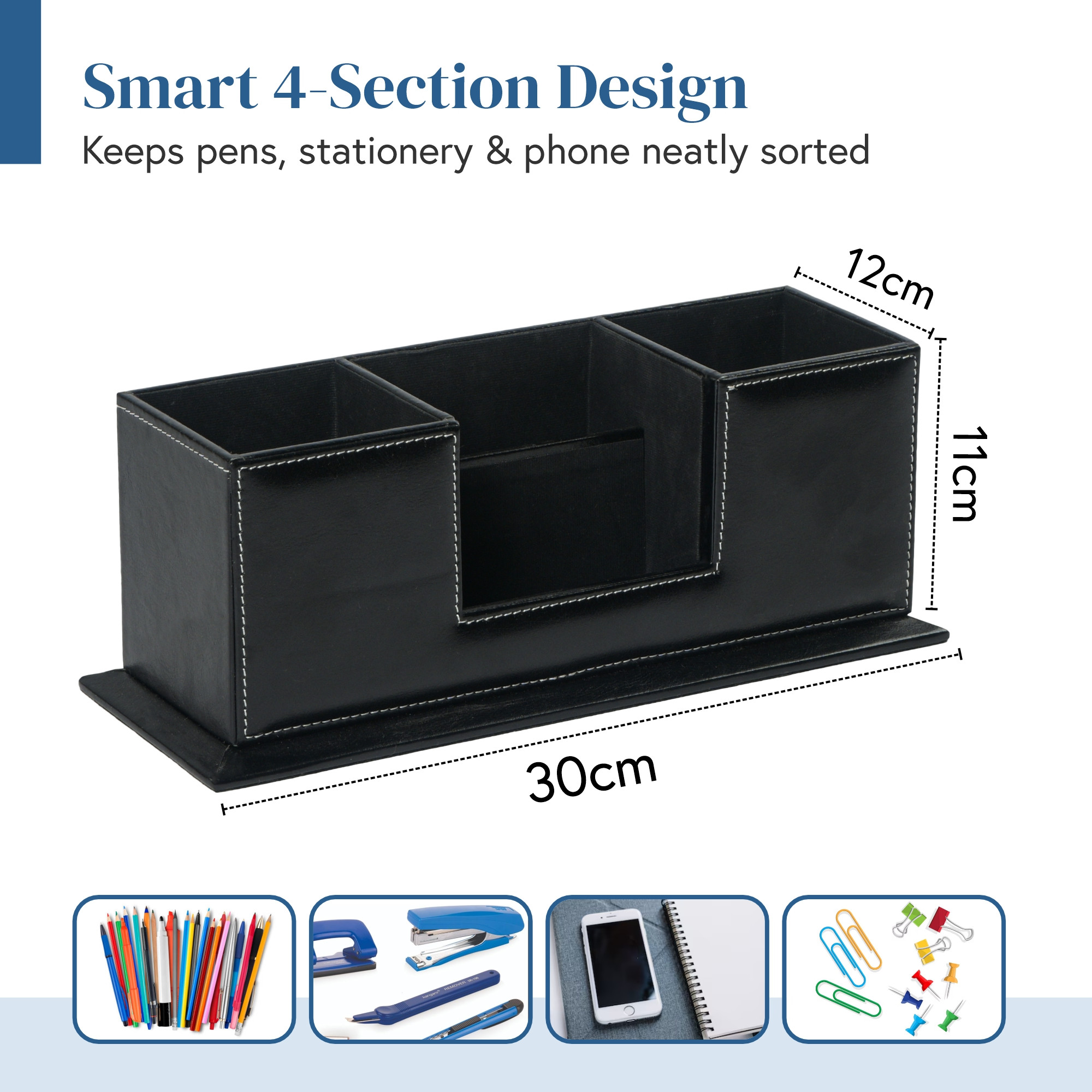 4 Compartment Leather Desk OrganizerPen Stand with Card Holder  Multi Utility Stationery Holder Office TableRemoteMobile Stand  Black