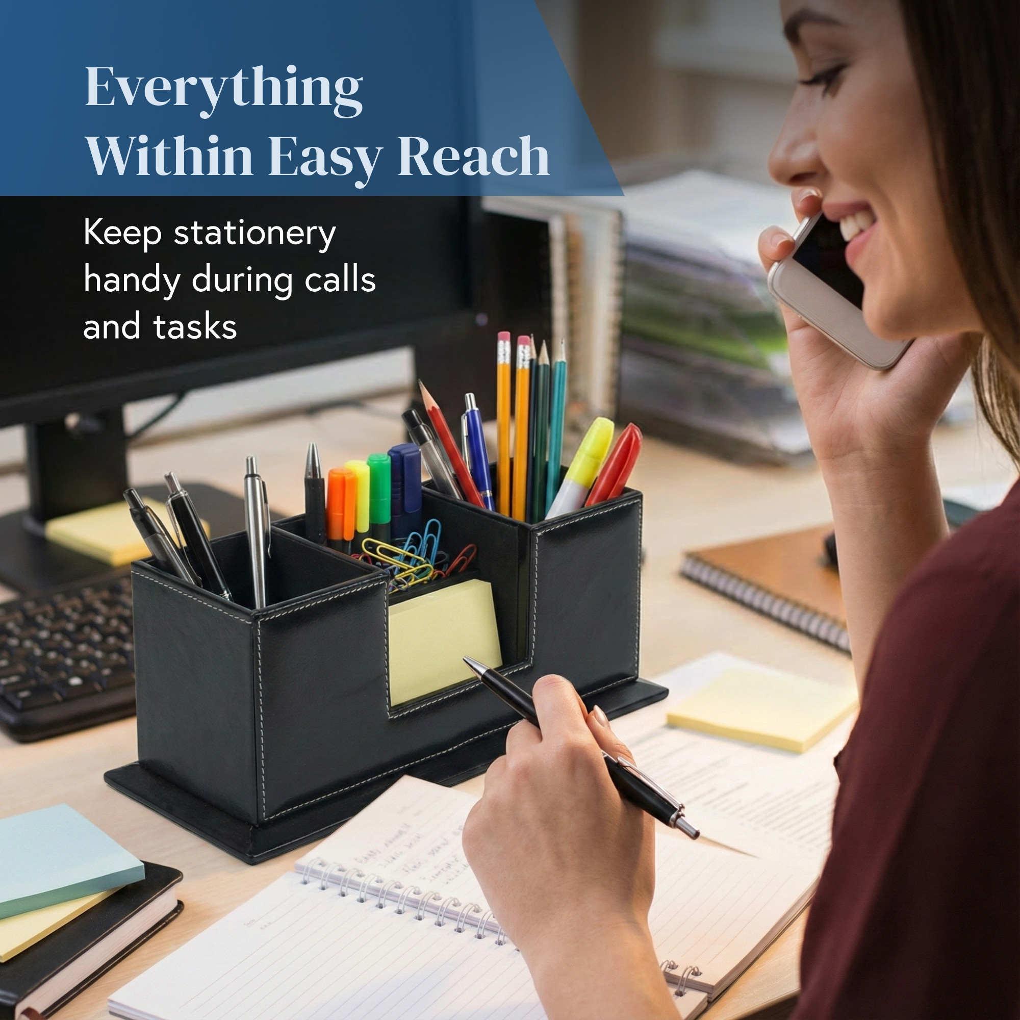 4 Compartment Leather Desk OrganizerPen Stand with Card Holder  Multi Utility Stationery Holder Office TableRemoteMobile Stand  Black