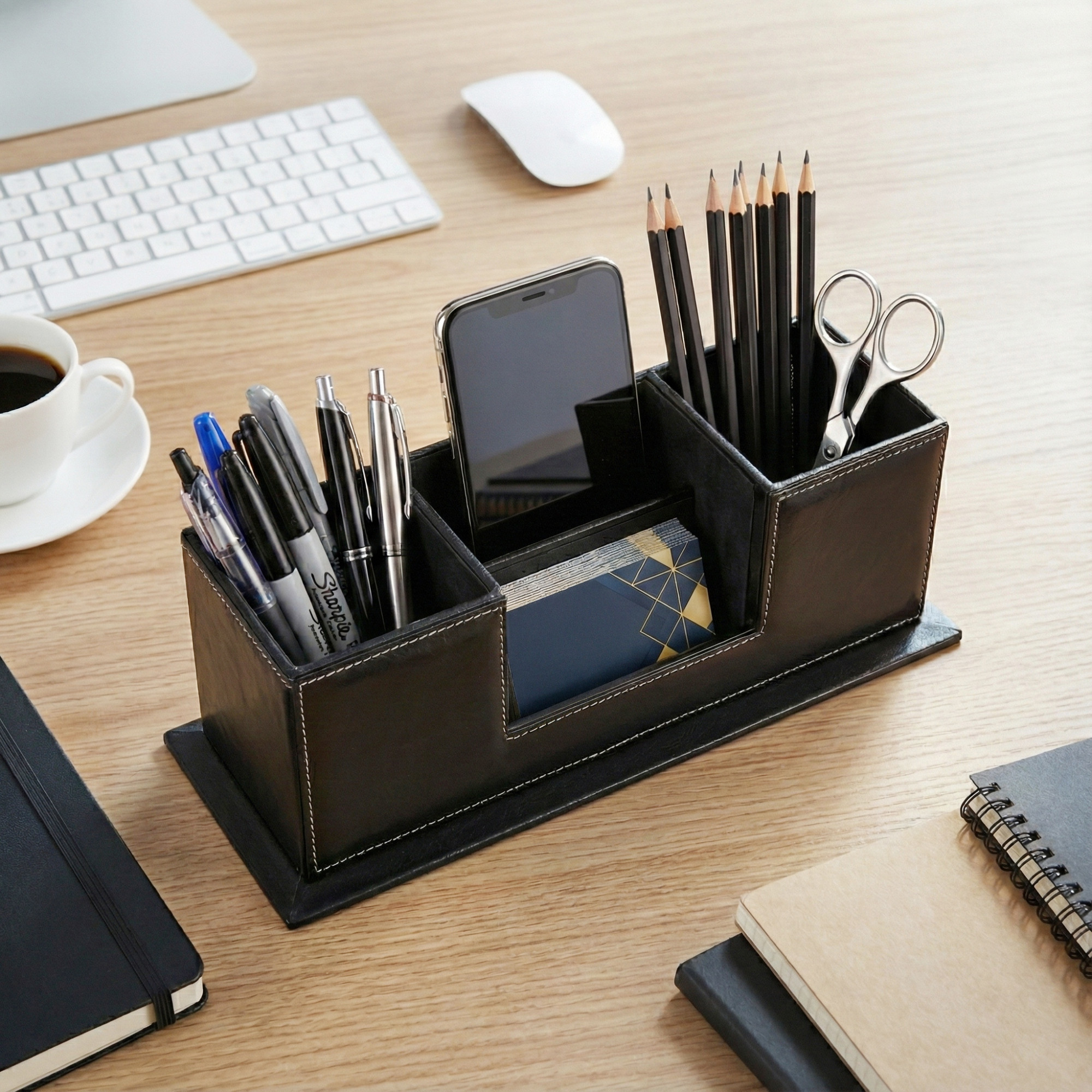 4 Compartment Leather Desk OrganizerPen Stand with Card Holder  Multi Utility Stationery Holder Office TableRemoteMobile Stand  Black