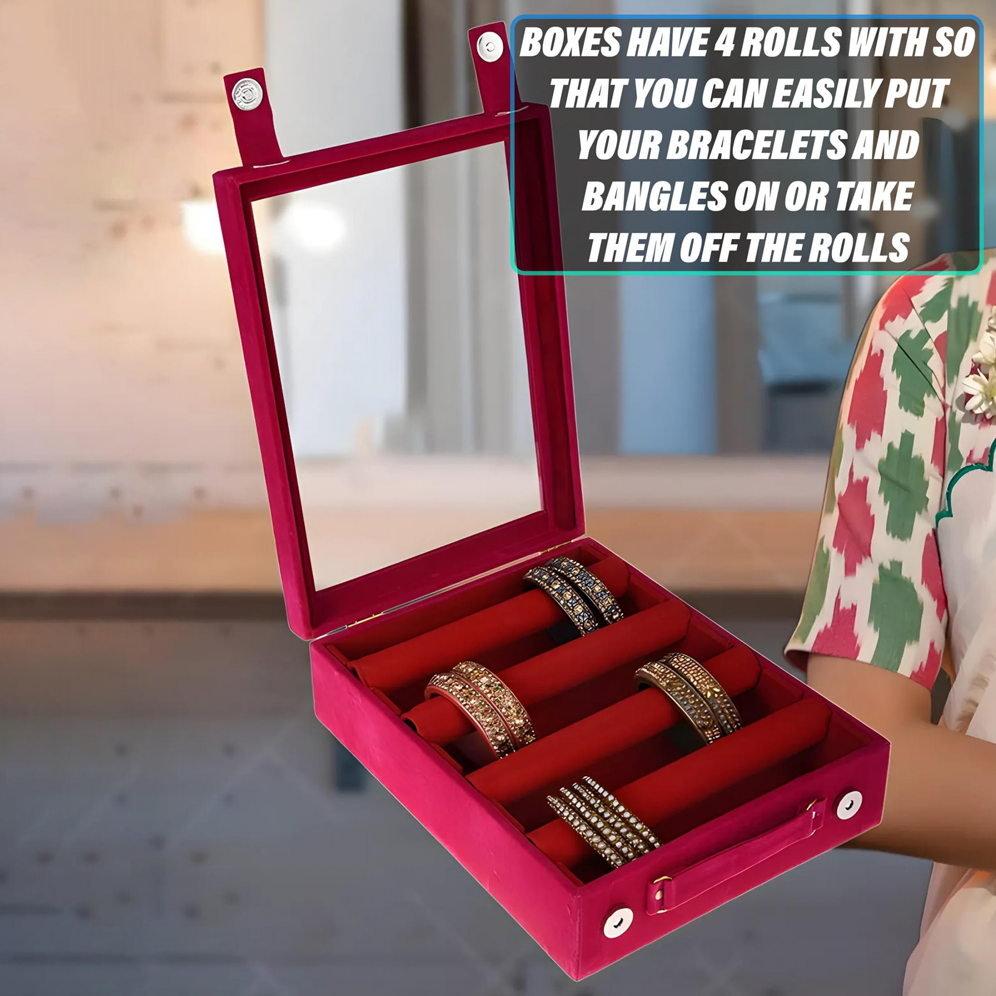 4 Rod Bangle BoxWooden Jewelry BoxWedding Vanity BoxVelvet Coated Wedding Bracelet Organizer for Women  Girls Pink