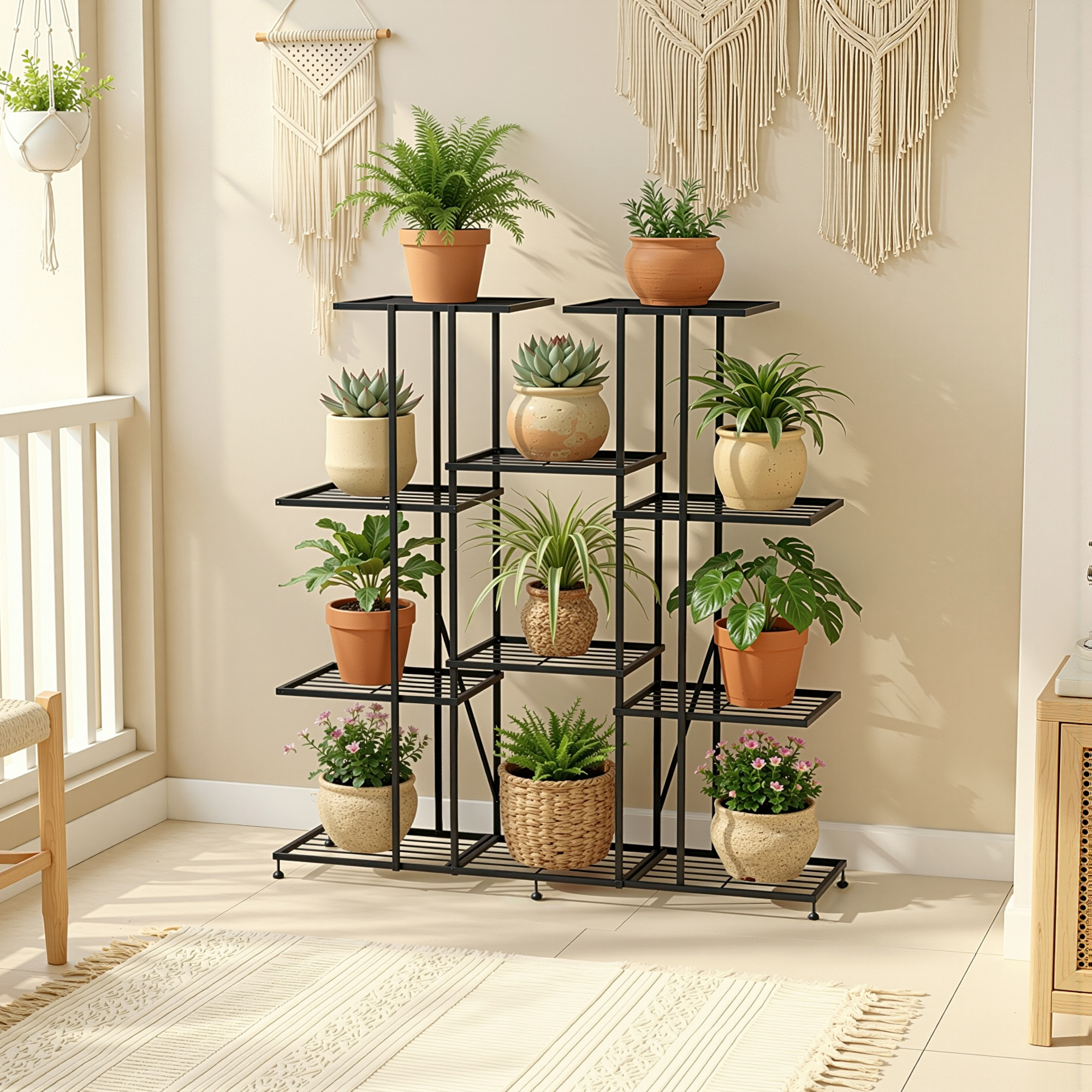 4 Tier Planter Stand Rustproof for Home Decor  9 Seperated Shelf for Living Room Balcony Garden Indoor Plants  Outdoor  Black