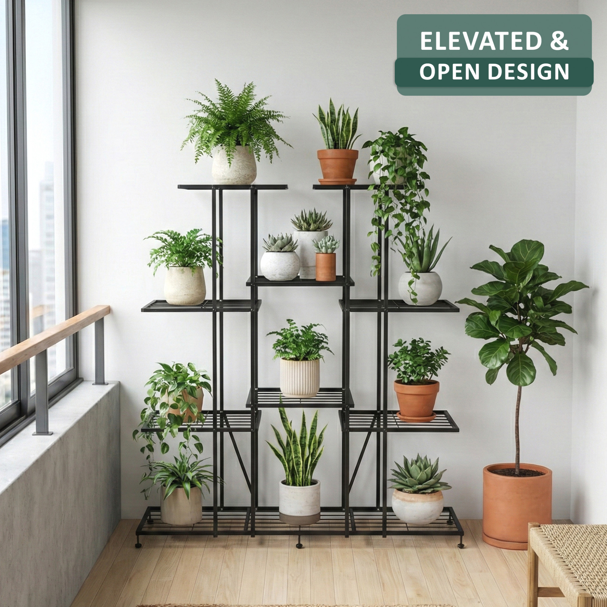 4 Tier Planter Stand Rustproof for Home Decor  9 Seperated Shelf for Living Room Balcony Garden Indoor Plants  Outdoor  Black