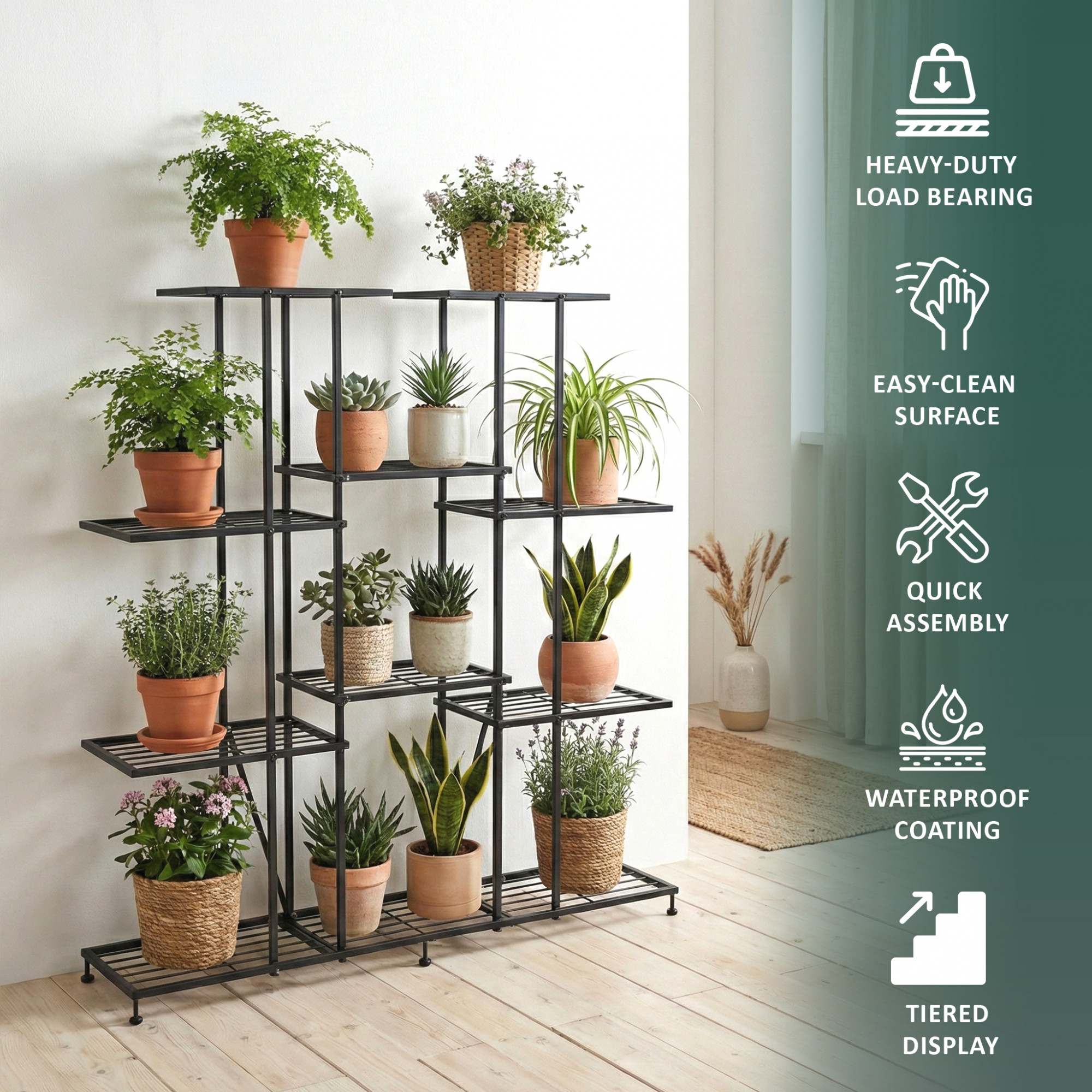 4 Tier Planter Stand Rustproof for Home Decor  9 Seperated Shelf for Living Room Balcony Garden Indoor Plants  Outdoor  Black