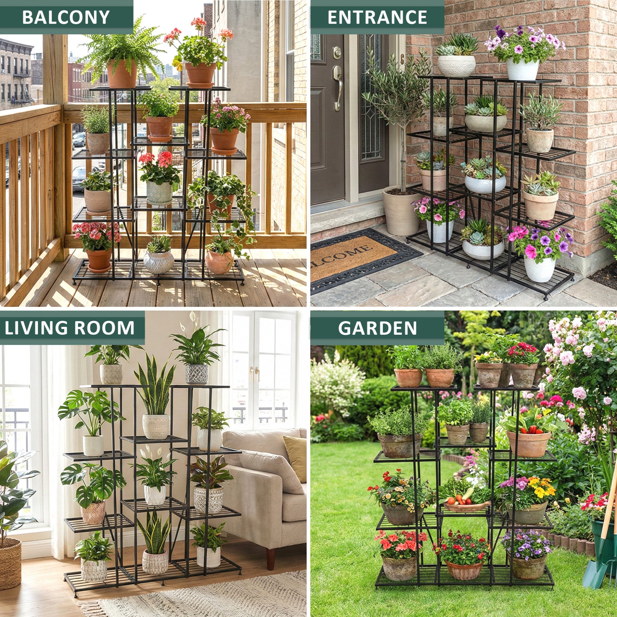 4 Tier Planter Stand Rustproof for Home Decor  9 Seperated Shelf for Living Room Balcony Garden Indoor Plants  Outdoor  Black