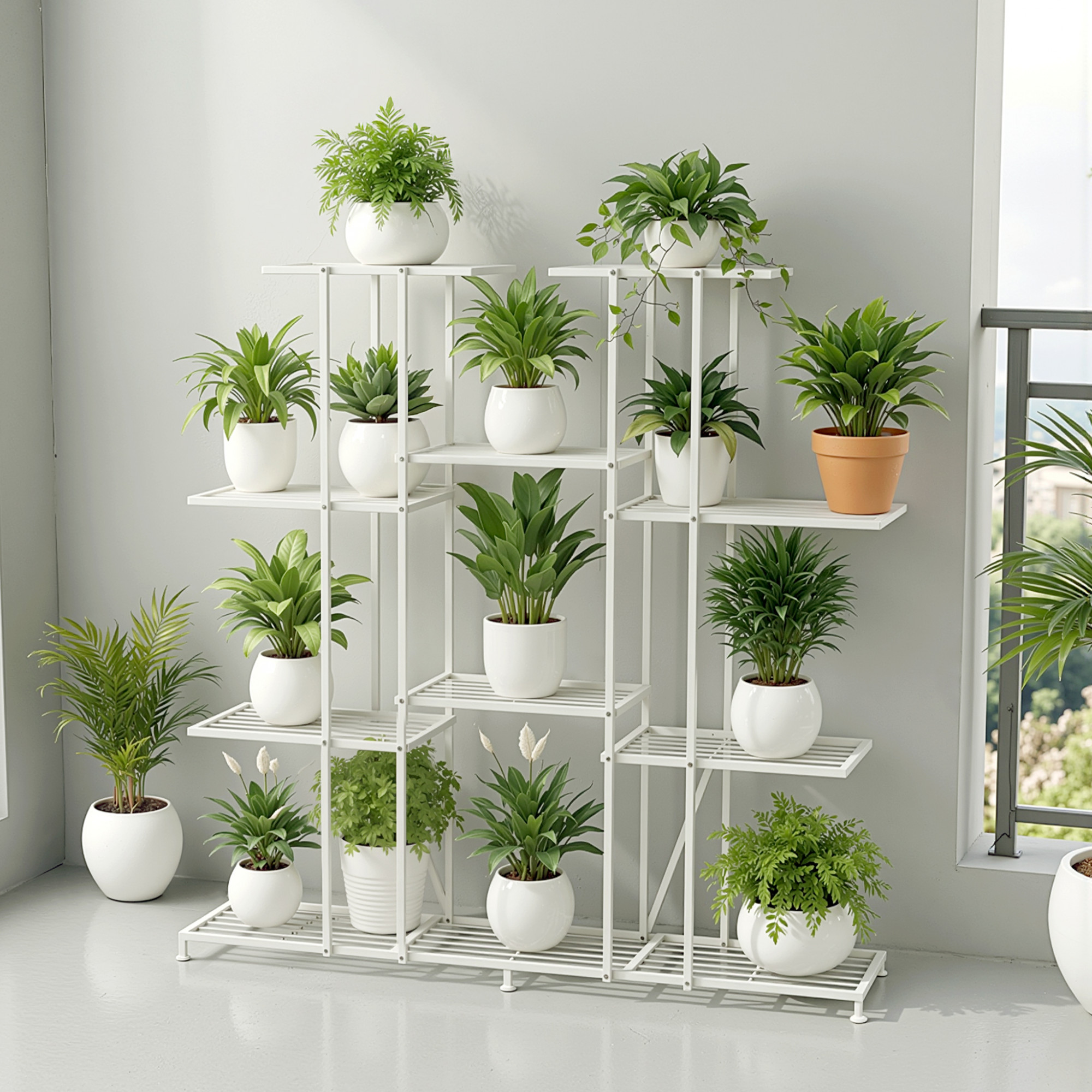 4 Tier Planter Stand Rustproof for Home Decor  9 Seperated Shelf for Living Room Balcony Garden Indoor Plants  Outdoor  White