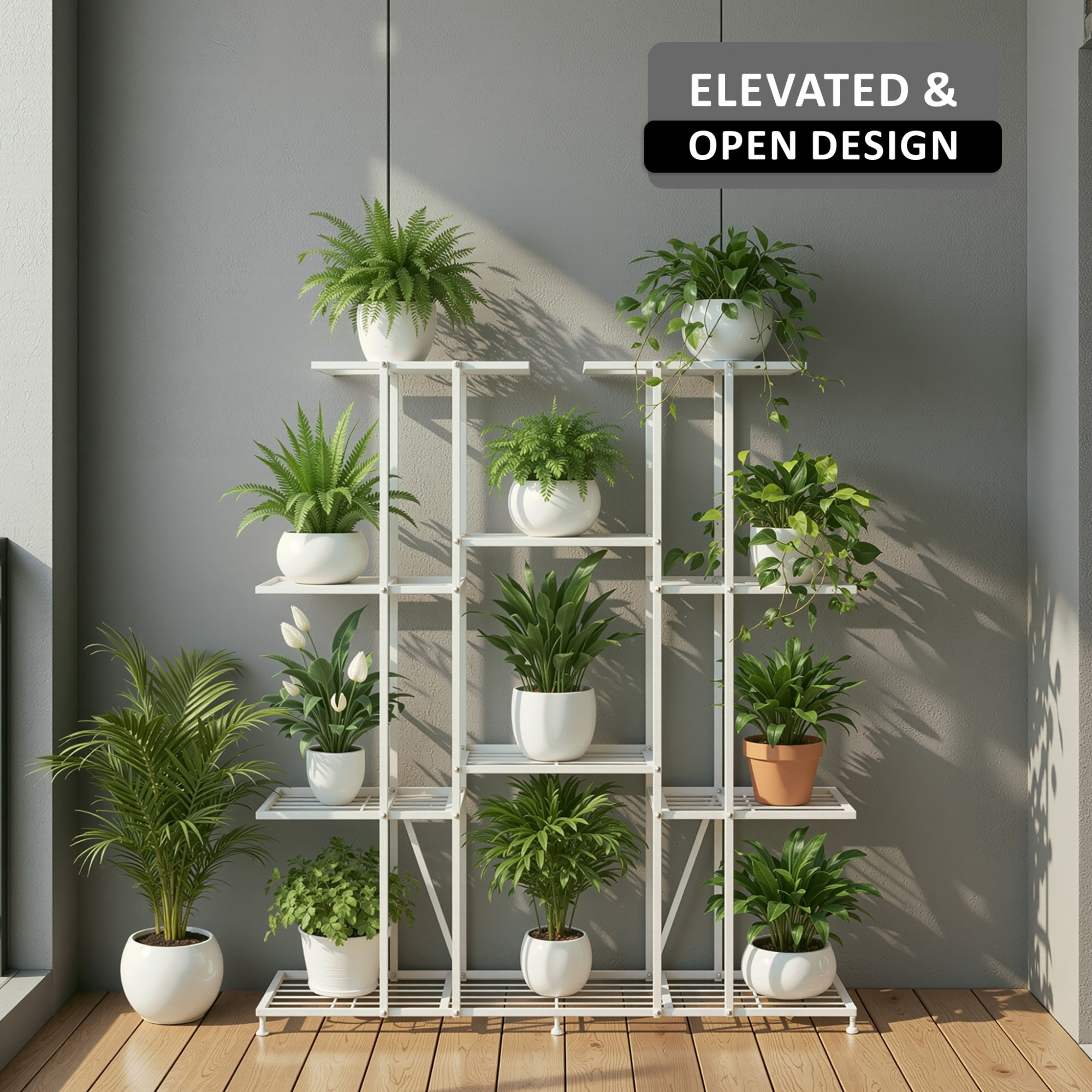 4 Tier Planter Stand Rustproof for Home Decor  9 Seperated Shelf for Living Room Balcony Garden Indoor Plants  Outdoor  White