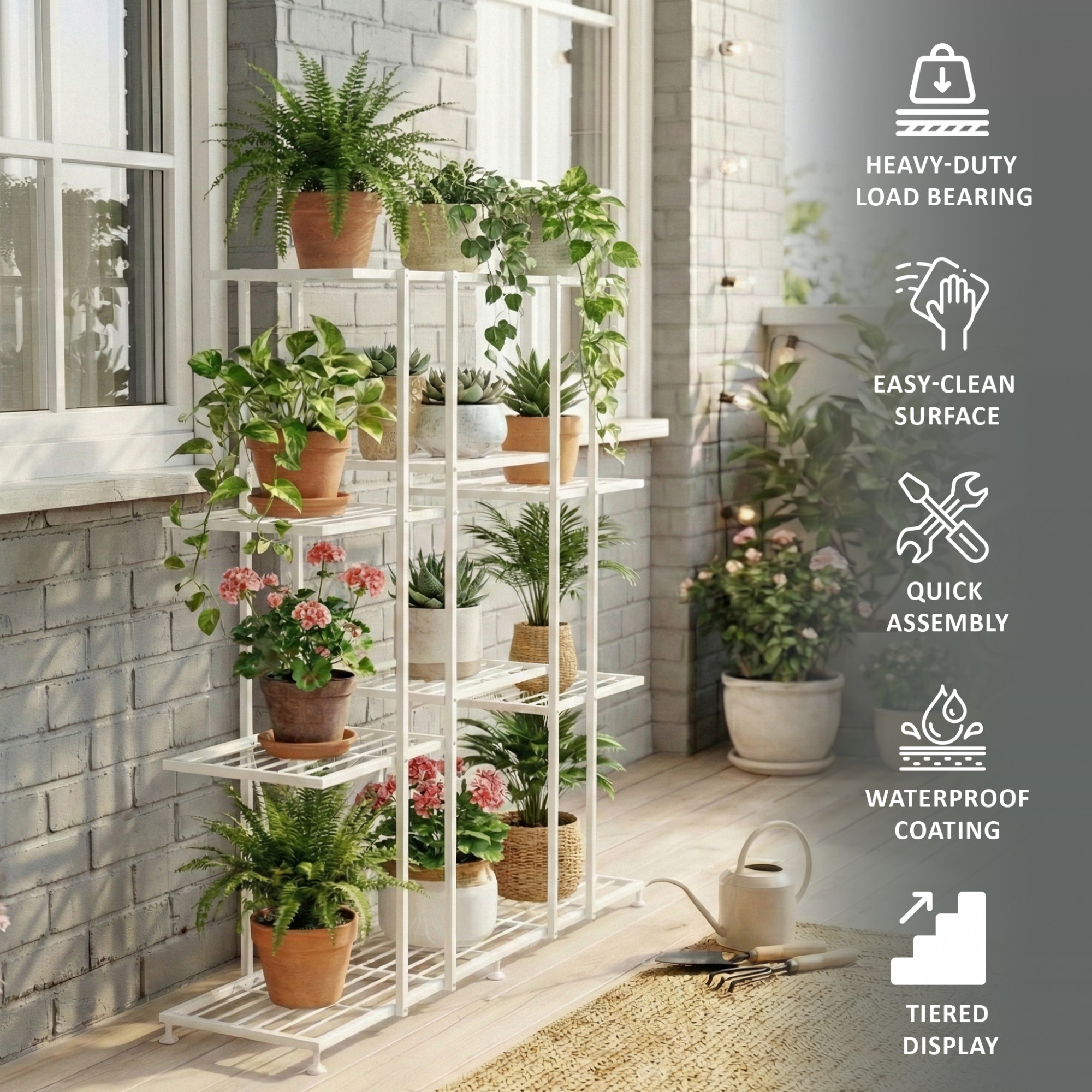 4 Tier Planter Stand Rustproof for Home Decor  9 Seperated Shelf for Living Room Balcony Garden Indoor Plants  Outdoor  White