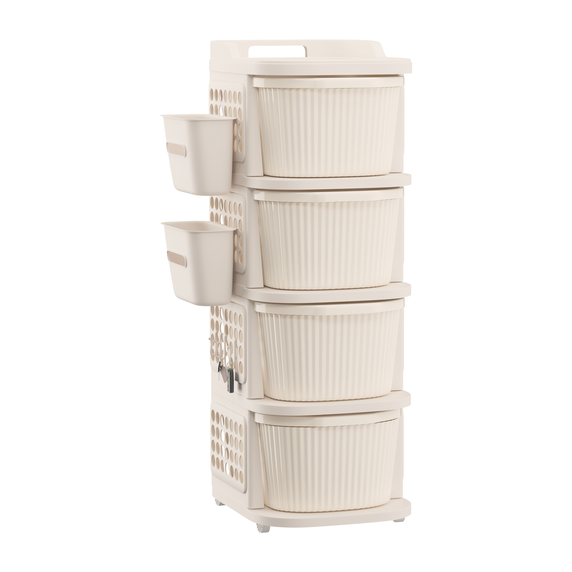 4 Tier Plastic Storage Drawer Cabinet with Side BasketHooksIntegrated Handle  Smooth Wheels  Modular System Rack for Storage in Home  Ivory
