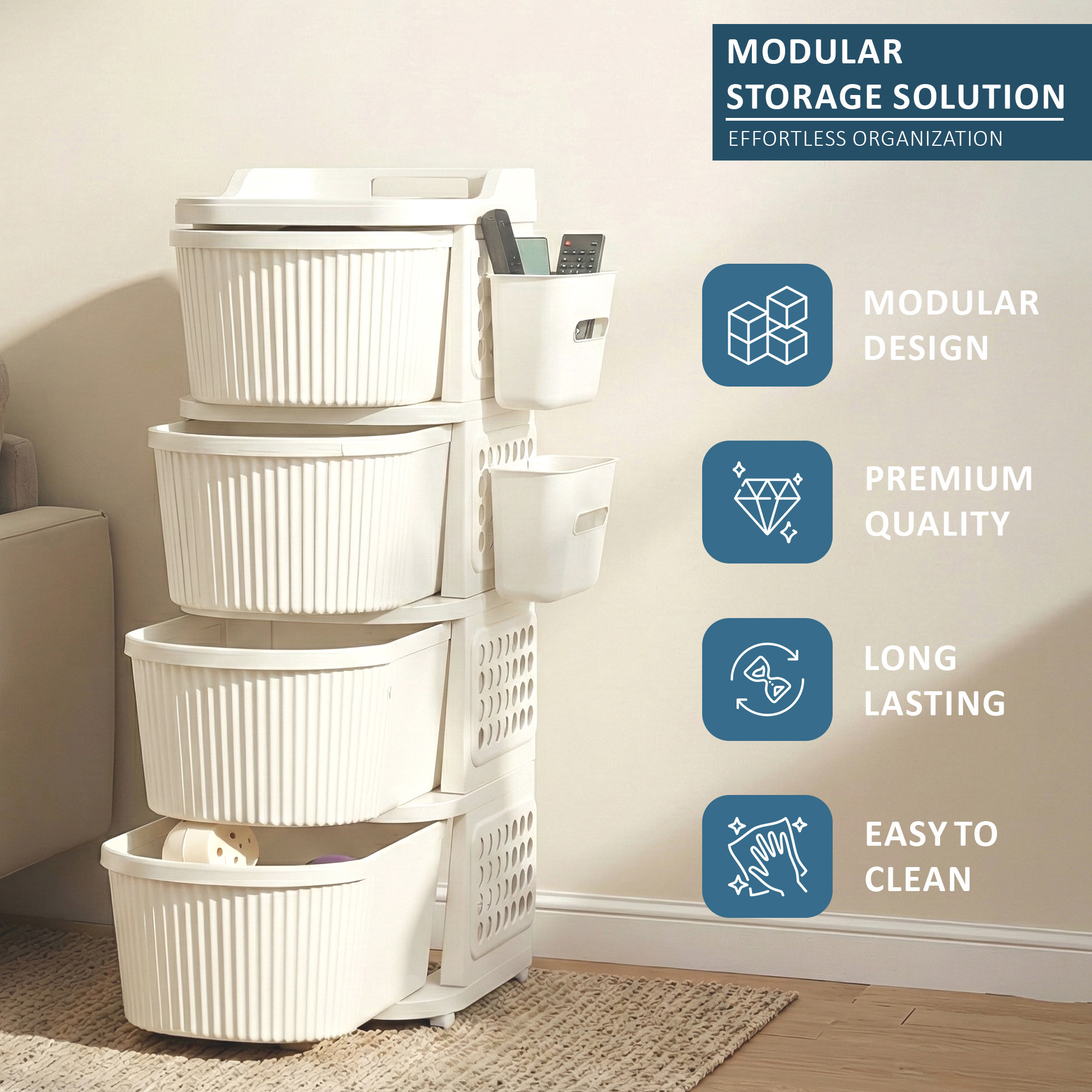 4 Tier Plastic Storage Drawer Cabinet with Side BasketHooksIntegrated Handle  Smooth Wheels  Modular System Rack for Storage in Home  Ivory