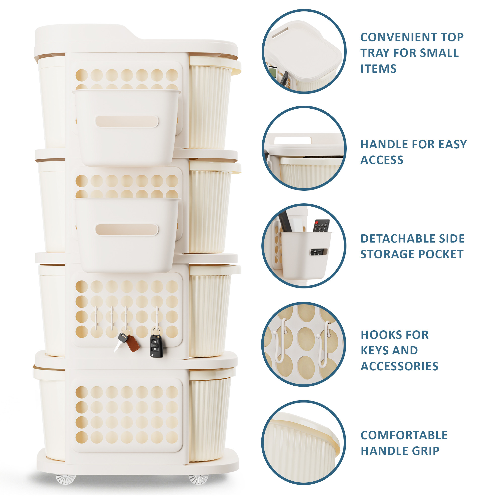 4 Tier Plastic Storage Drawer Cabinet with Side BasketHooksIntegrated Handle  Smooth Wheels  Modular System Rack for Storage in Home  Ivory