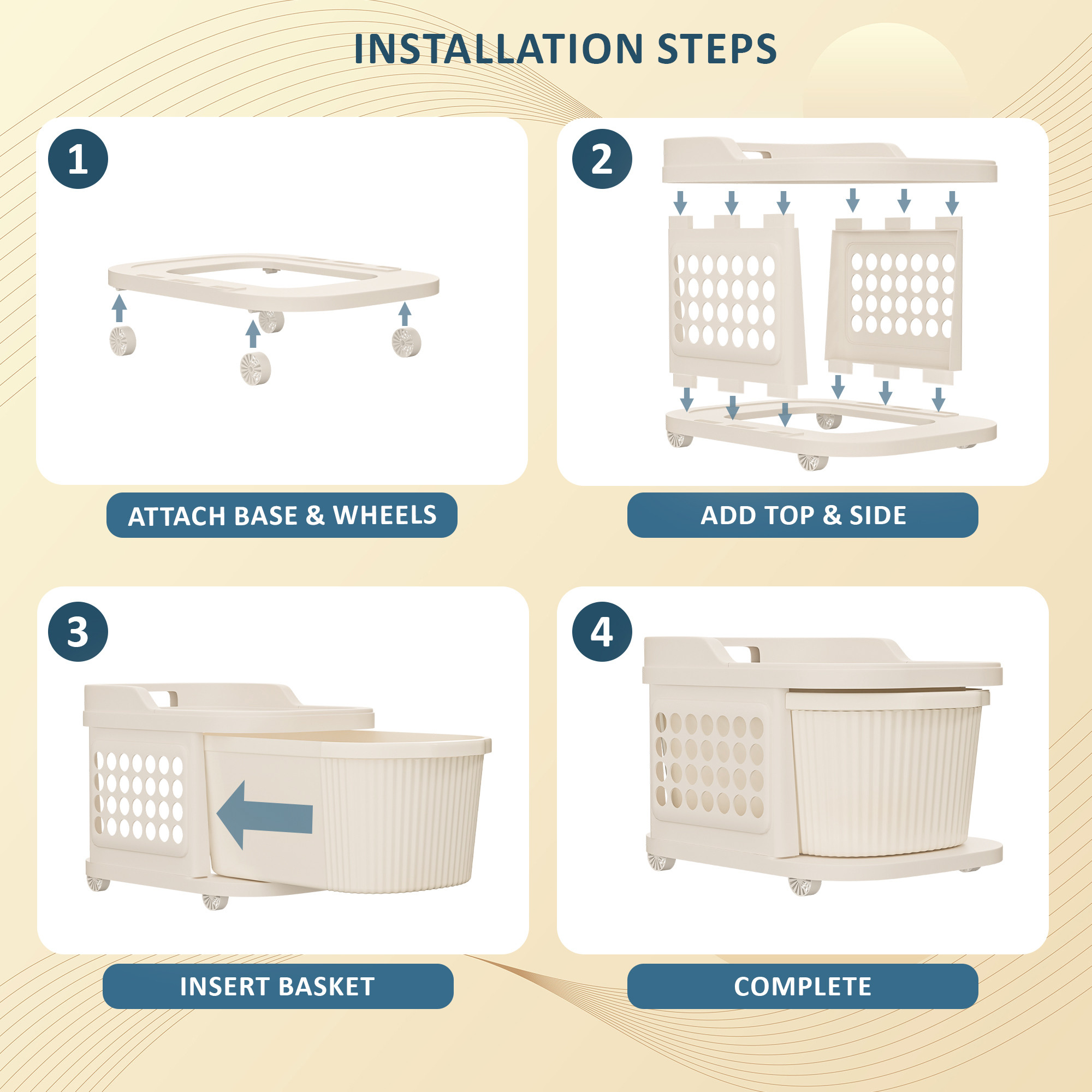 4 Tier Plastic Storage Drawer Cabinet with Side BasketHooksIntegrated Handle  Smooth Wheels  Modular System Rack for Storage in Home  Ivory