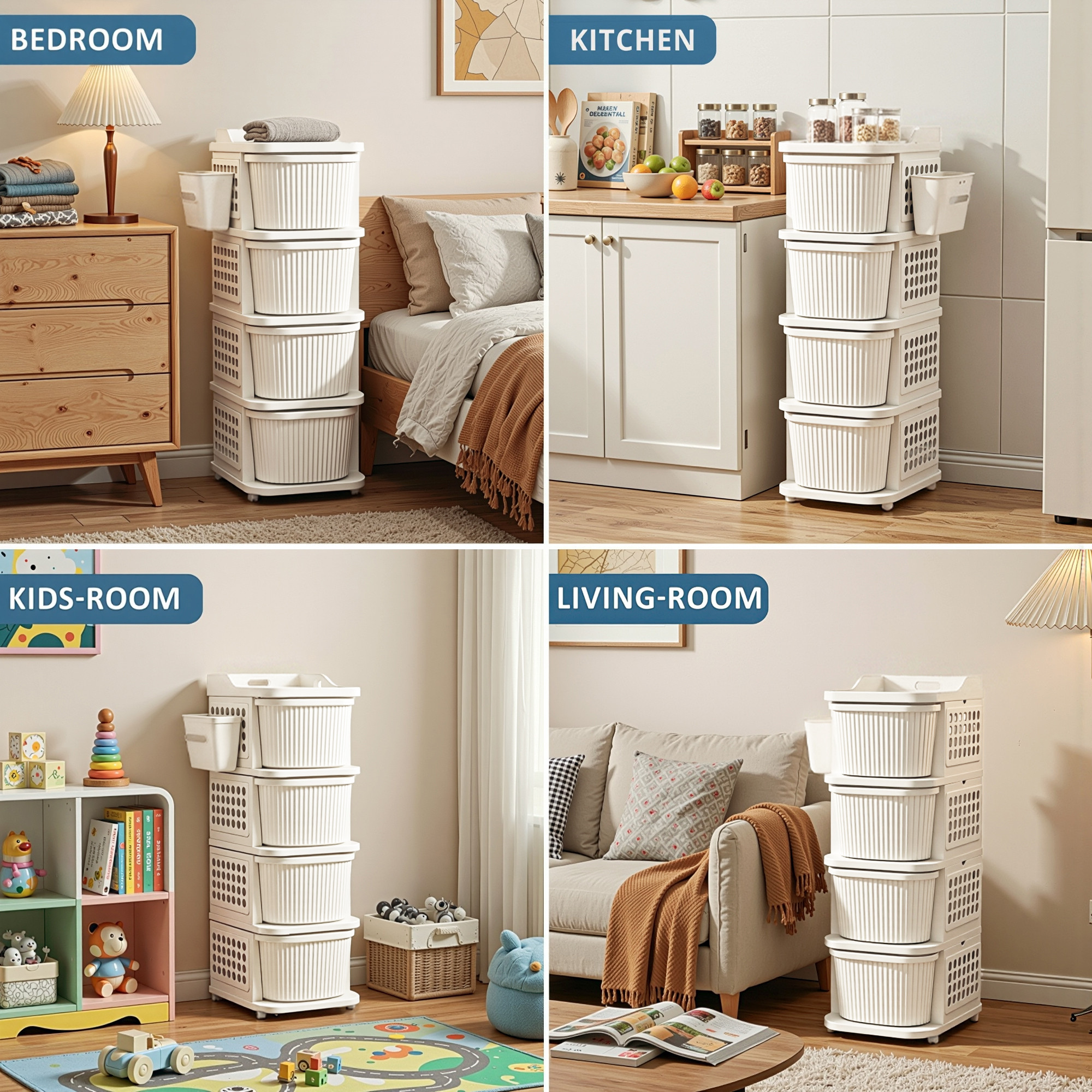 4 Tier Plastic Storage Drawer Cabinet with Side BasketHooksIntegrated Handle  Smooth Wheels  Modular System Rack for Storage in Home  Ivory