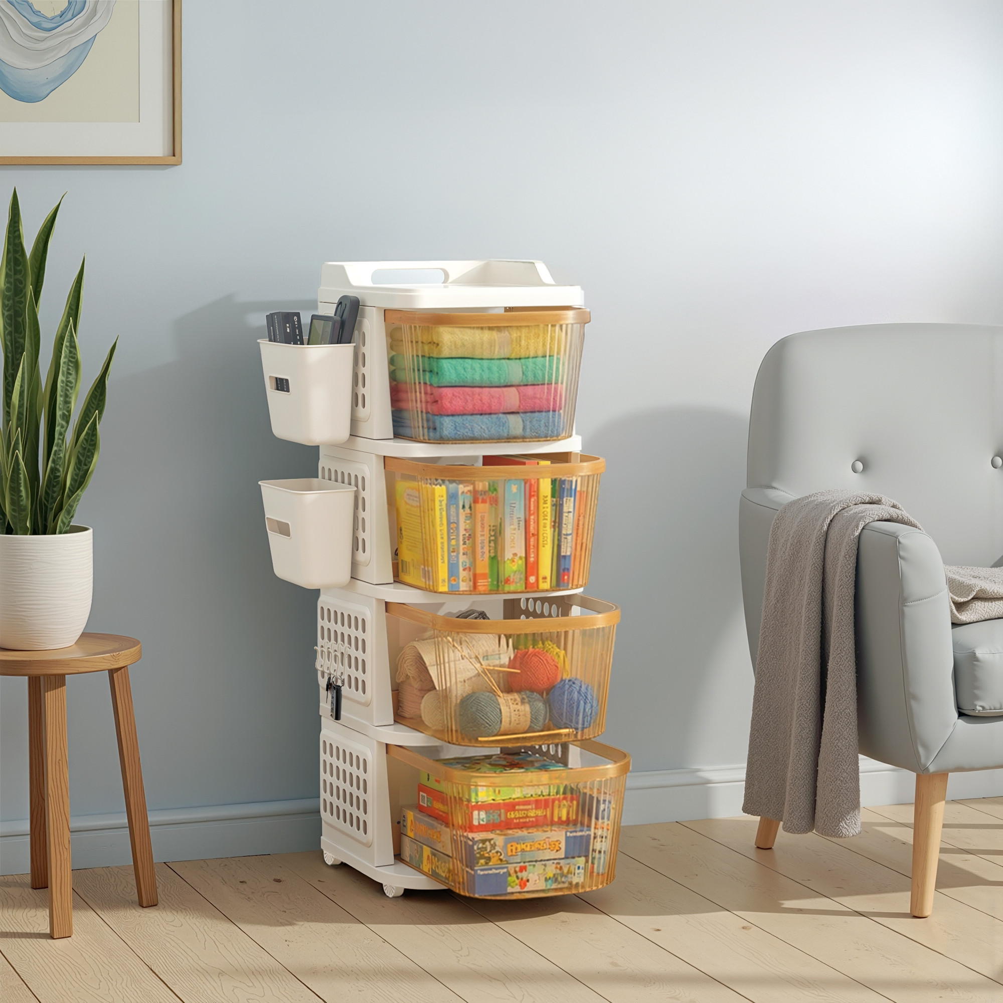 4 Tier Plastic Storage Drawer Cabinet with Side BasketHooksIntegrated Handle  Smooth Wheels  Modular System Rack for Storage in Home  Ivory  Golden