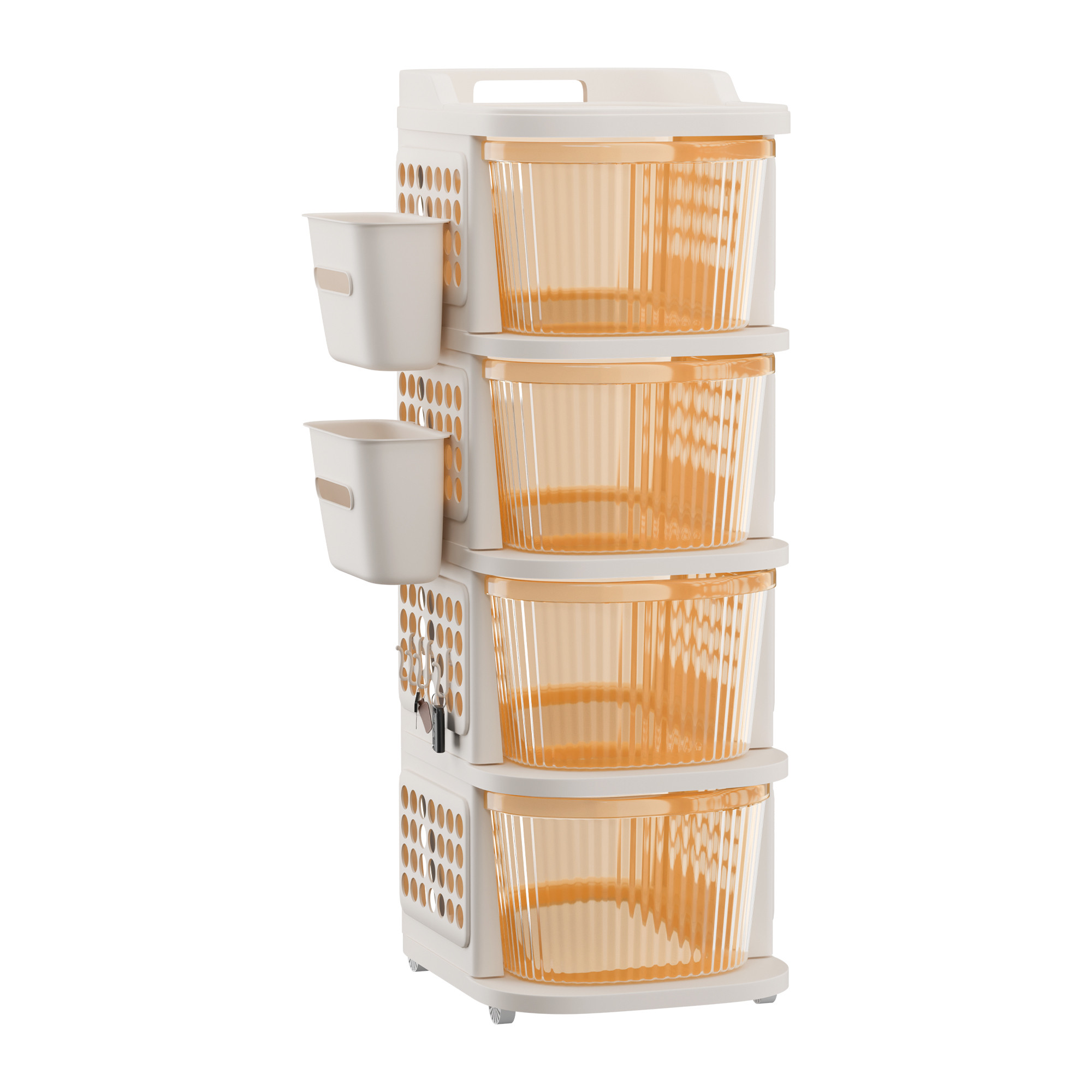 4 Tier Plastic Storage Drawer Cabinet with Side BasketHooksIntegrated Handle  Smooth Wheels  Modular System Rack for Storage in Home  Ivory  Golden
