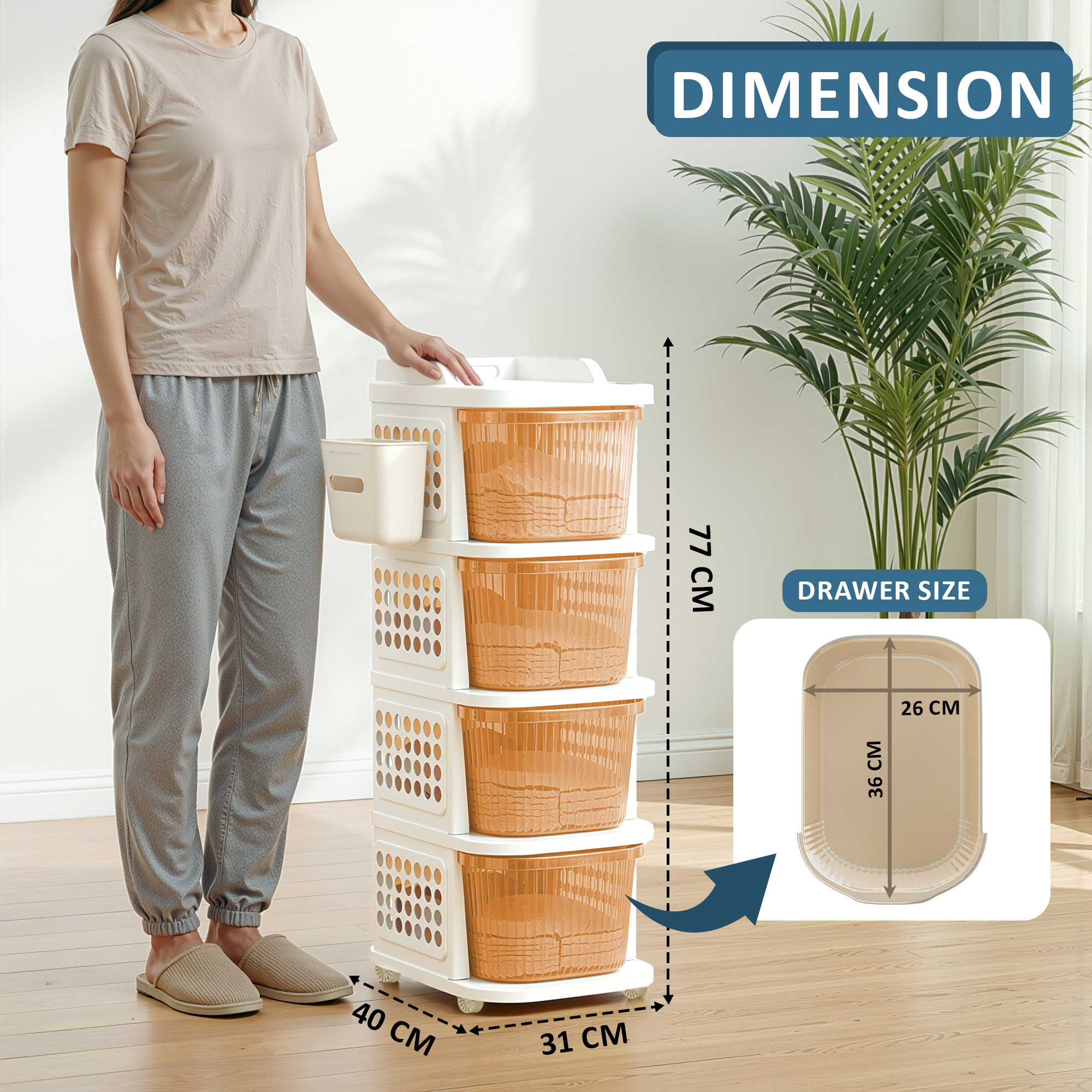 4 Tier Plastic Storage Drawer Cabinet with Side BasketHooksIntegrated Handle  Smooth Wheels  Modular System Rack for Storage in Home  Ivory  Golden