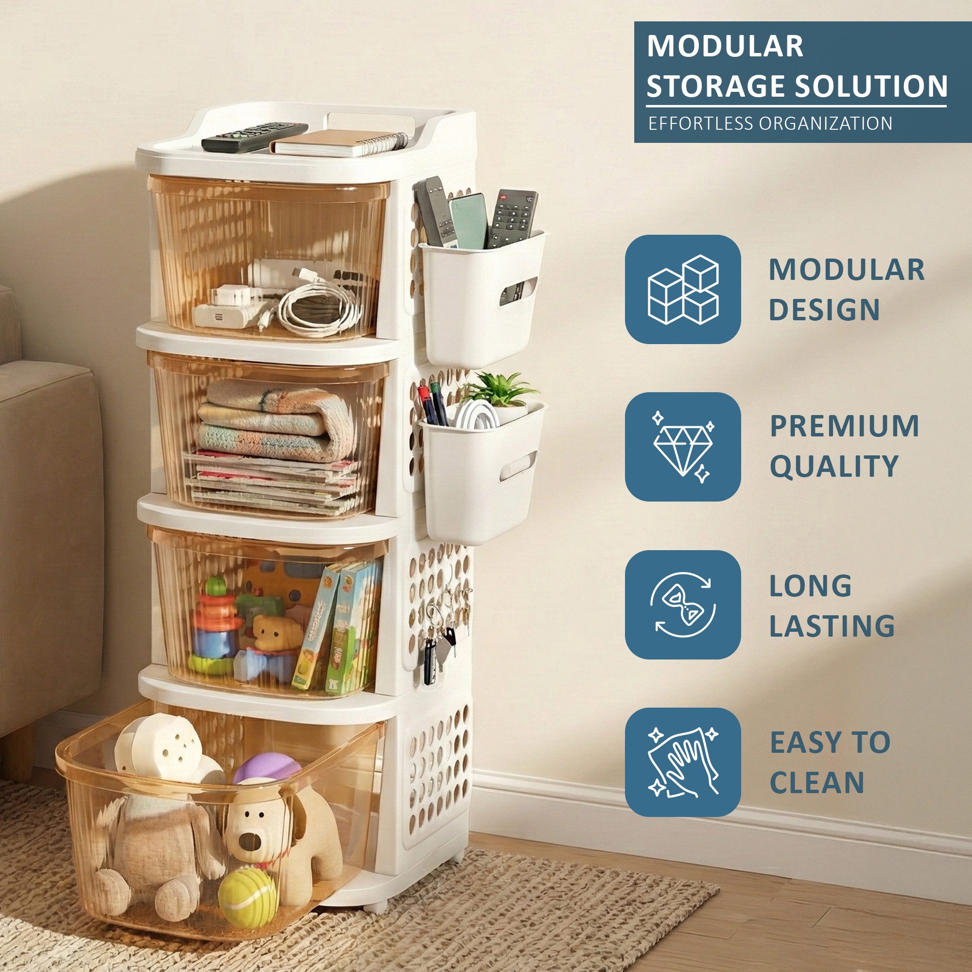 4 Tier Plastic Storage Drawer Cabinet with Side BasketHooksIntegrated Handle  Smooth Wheels  Modular System Rack for Storage in Home  Ivory  Golden