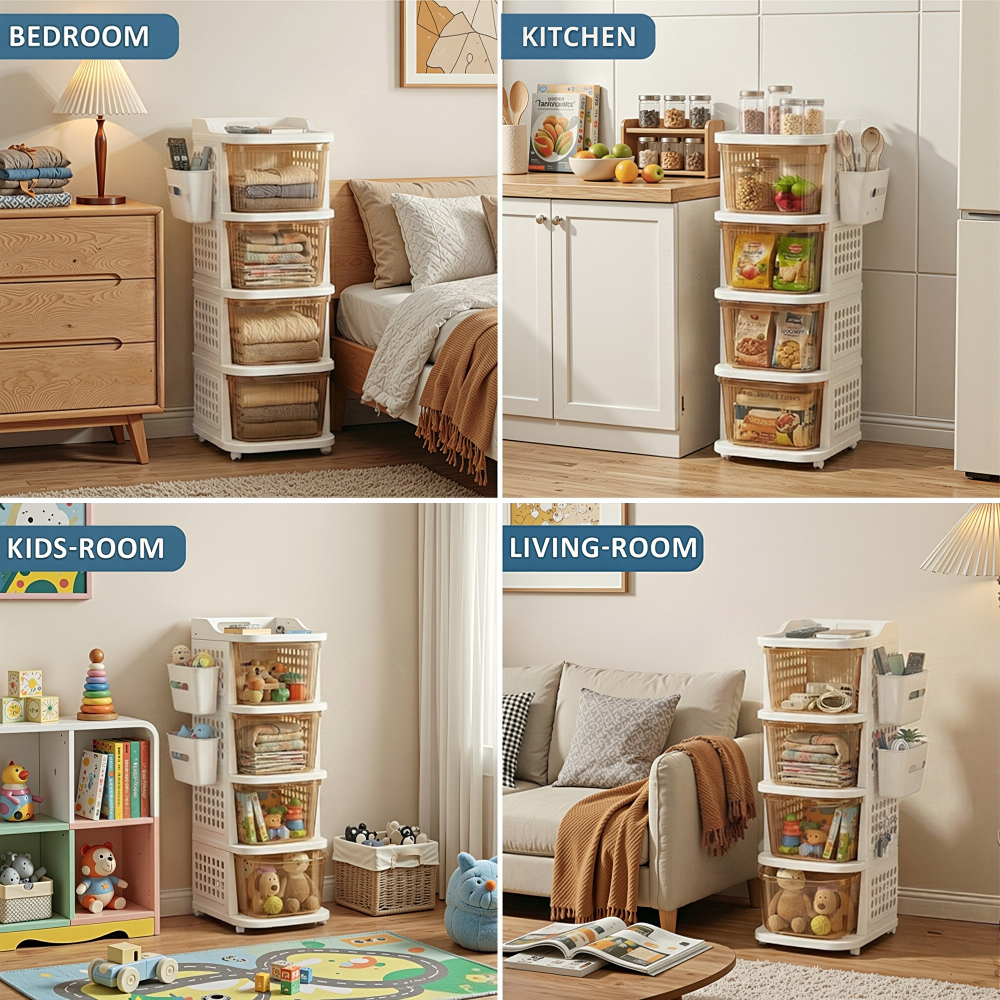 4 Tier Plastic Storage Drawer Cabinet with Side BasketHooksIntegrated Handle  Smooth Wheels  Modular System Rack for Storage in Home  Ivory  Golden